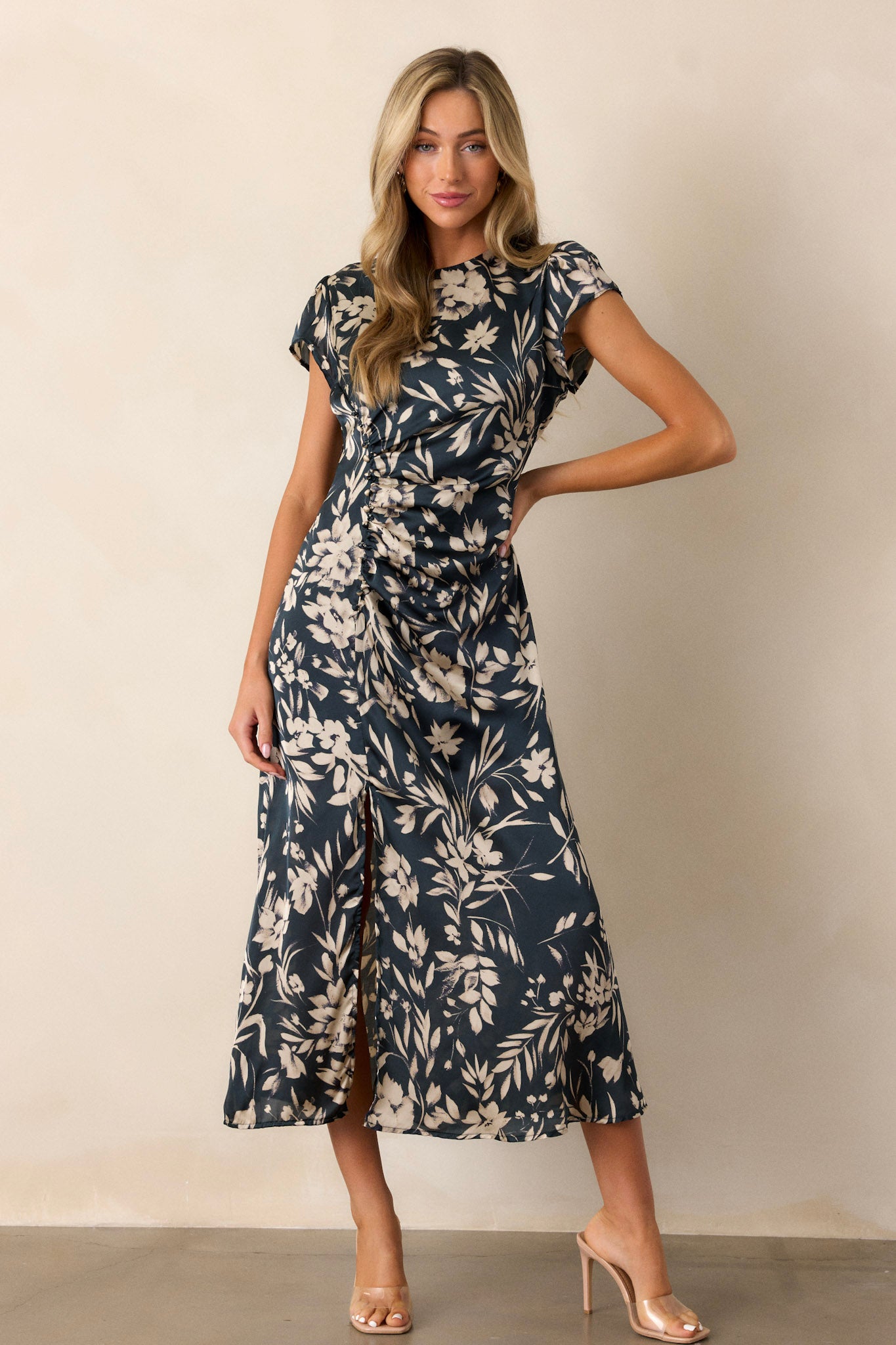 Dark Teal Floral Satin Midi Dress All Dresses Red Dress