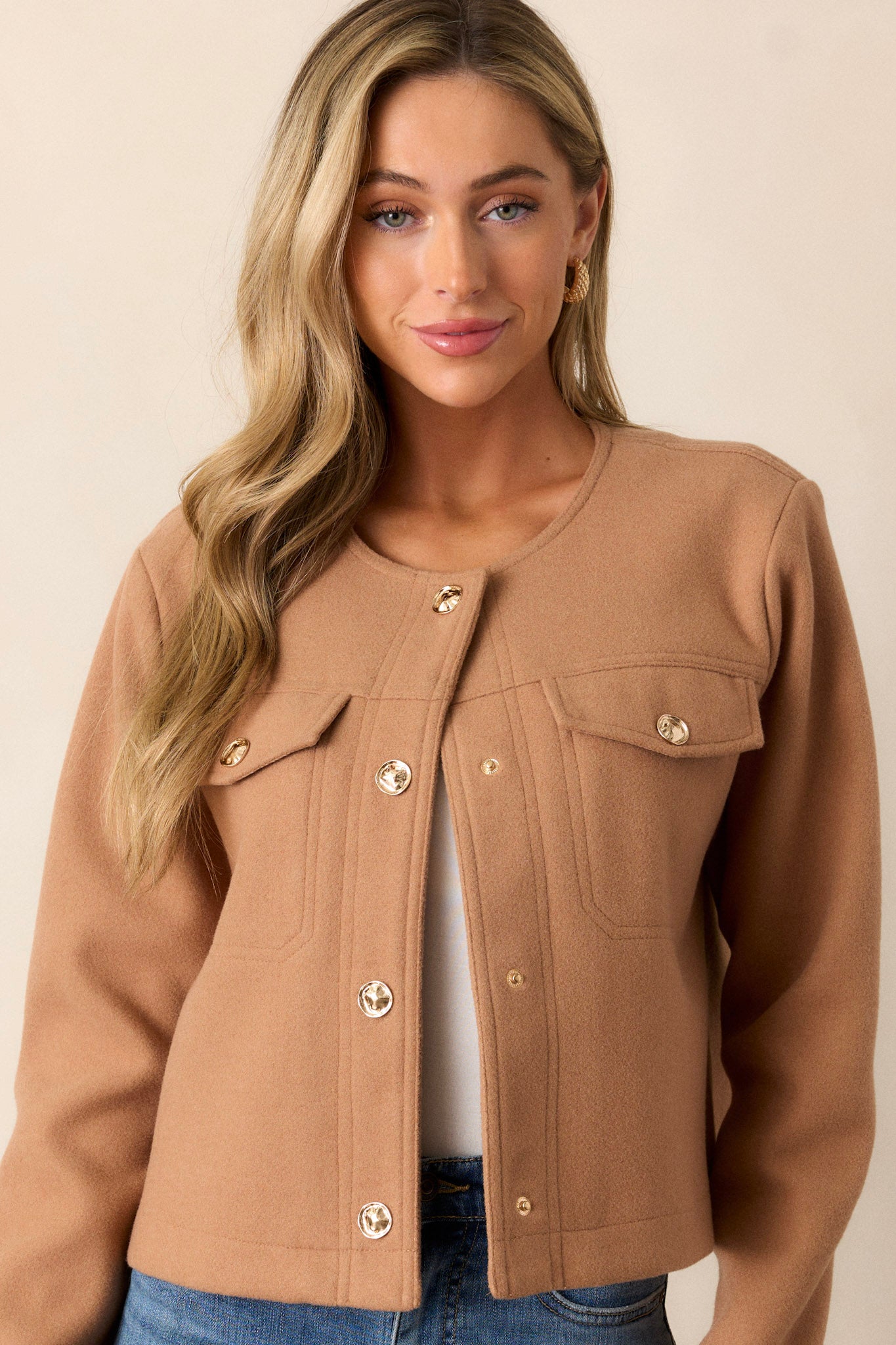 Camel Brown Cropped Tweed Jacket - All Outerwear | Red Dress