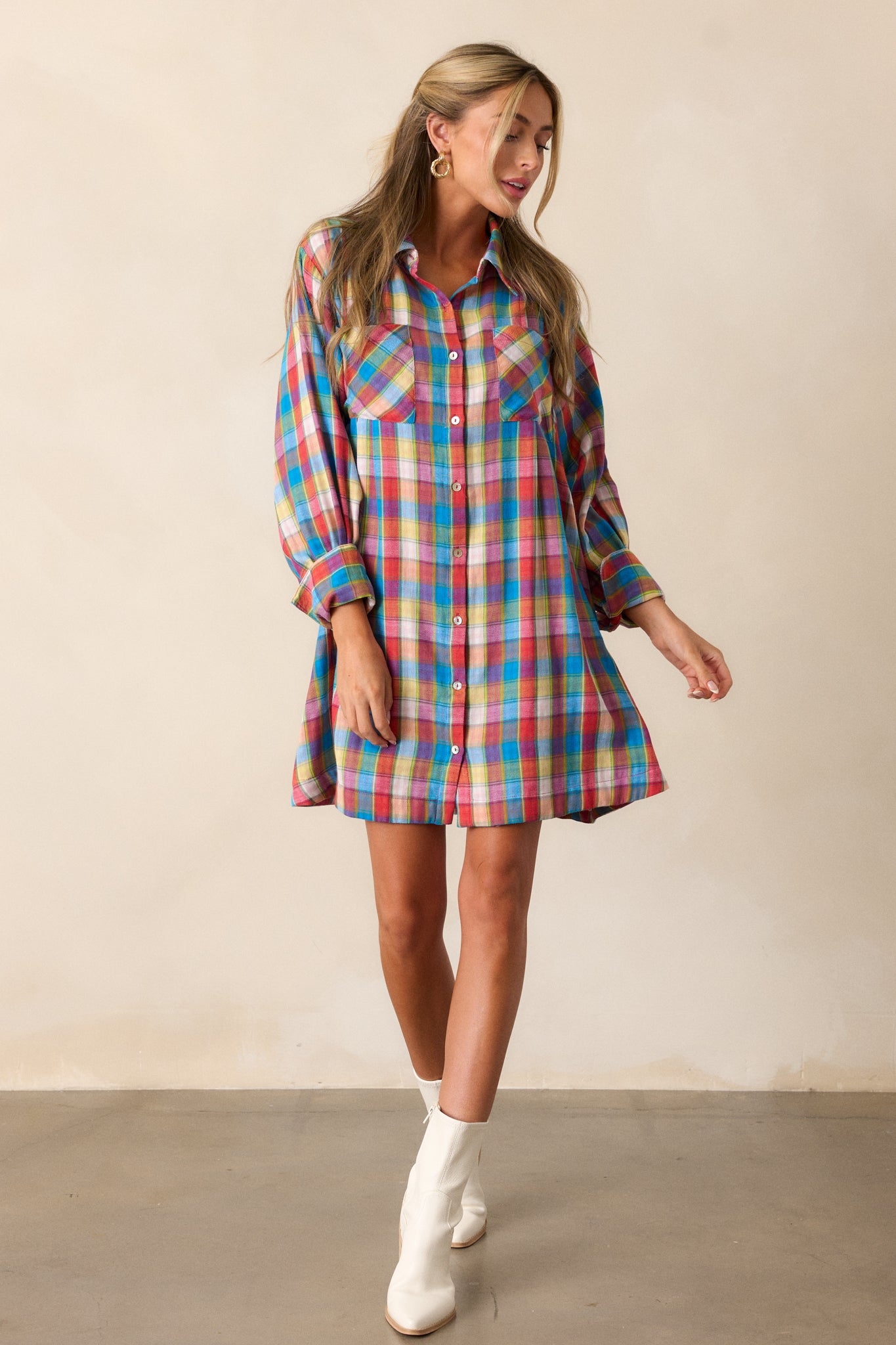 Gliding By 100% Cotton Blue Multi Plaid Mini Dress