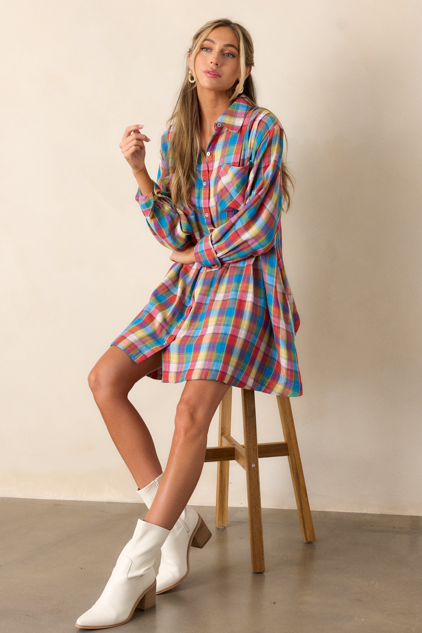 Gliding By 100% Cotton Blue Multi Plaid Mini Dress