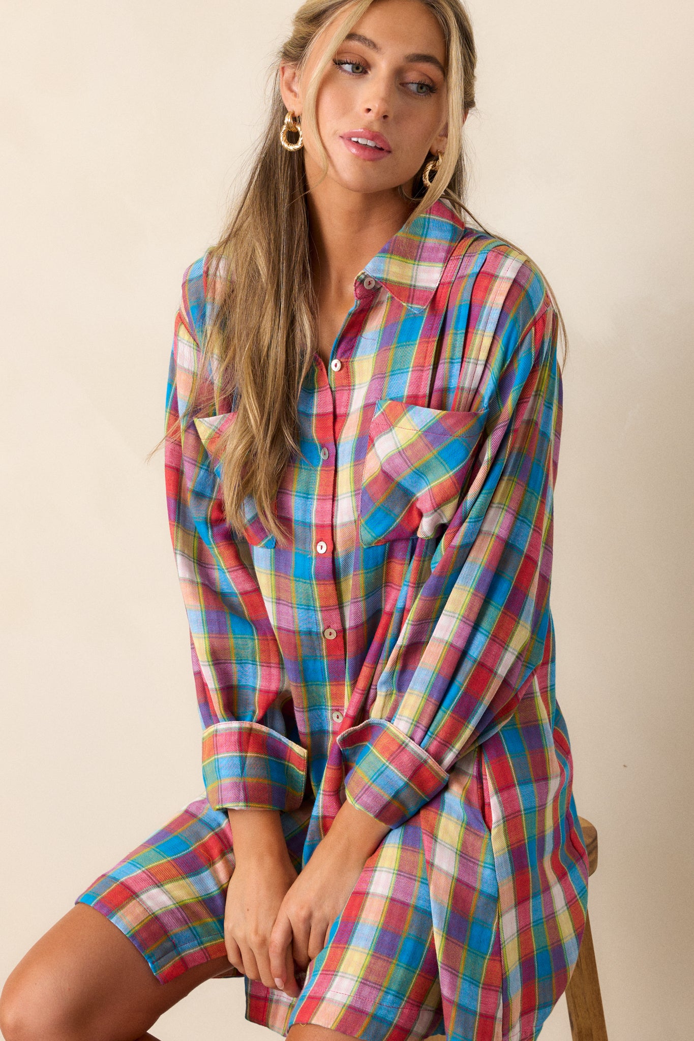 Gliding By 100% Cotton Blue Multi Plaid Mini Dress