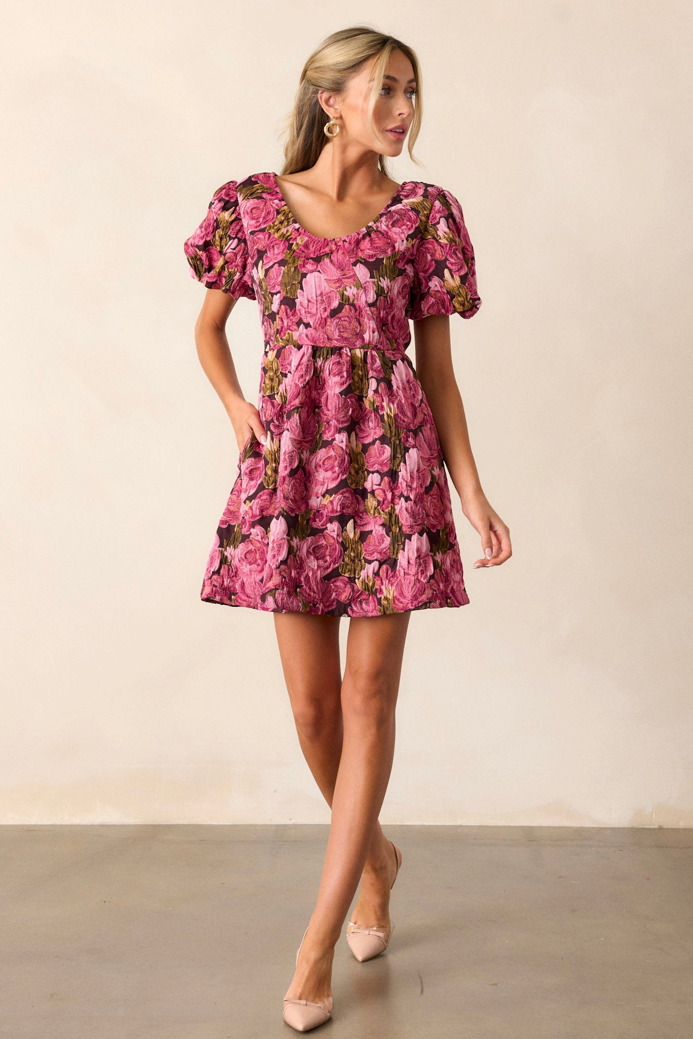 Berry Floral Jacquard Puff Sleeve Mini Dress - All Dresses | Red Dress