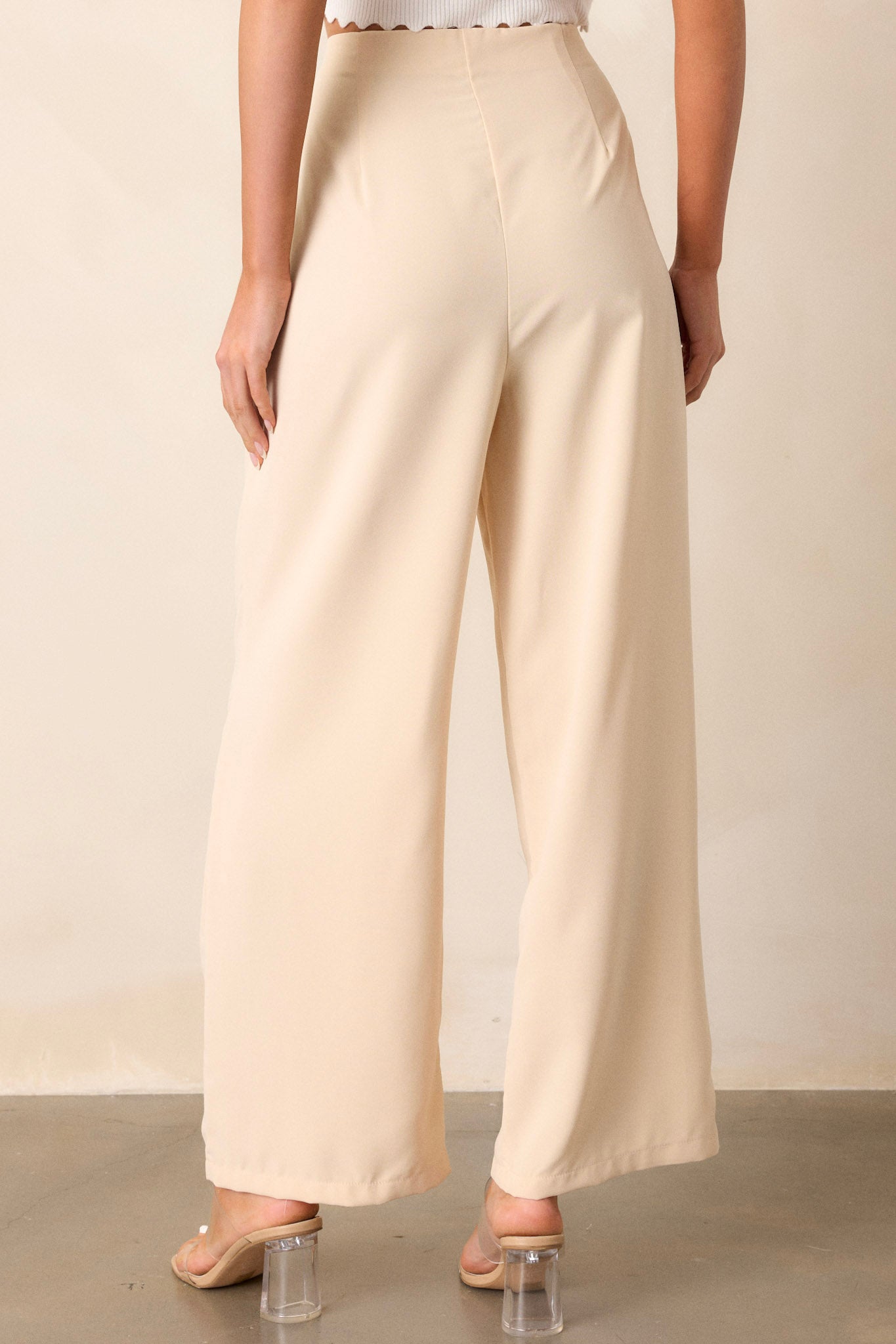 Back view of the beige pants highlighting the fitted waistband, the smooth back, and the wide leg design