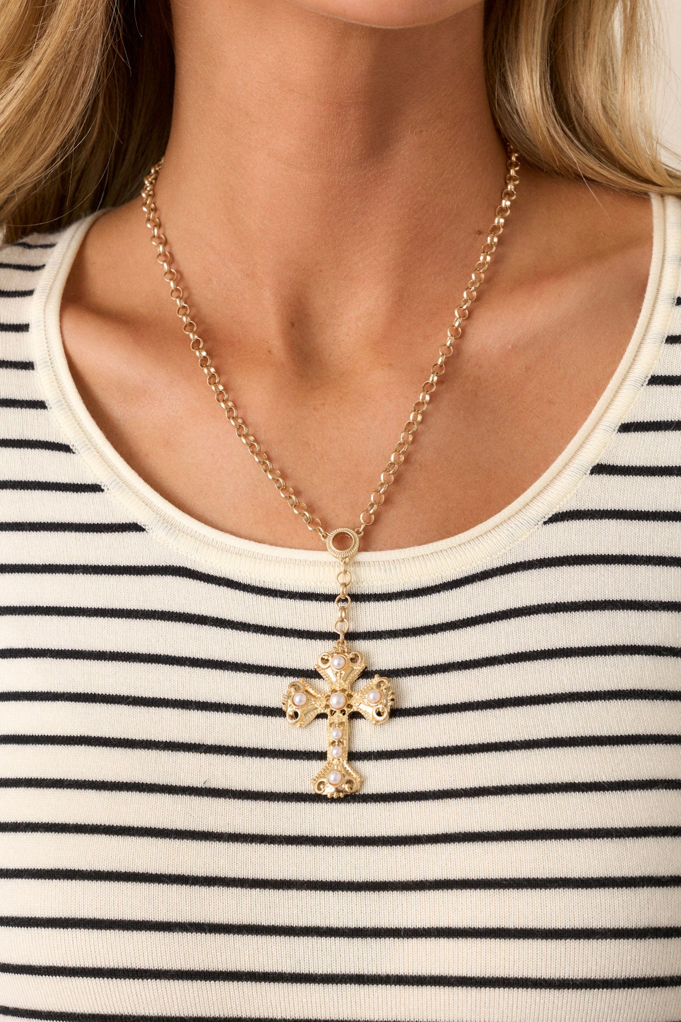 So Many Memories Gold & Ivory Pearl Cross Necklace