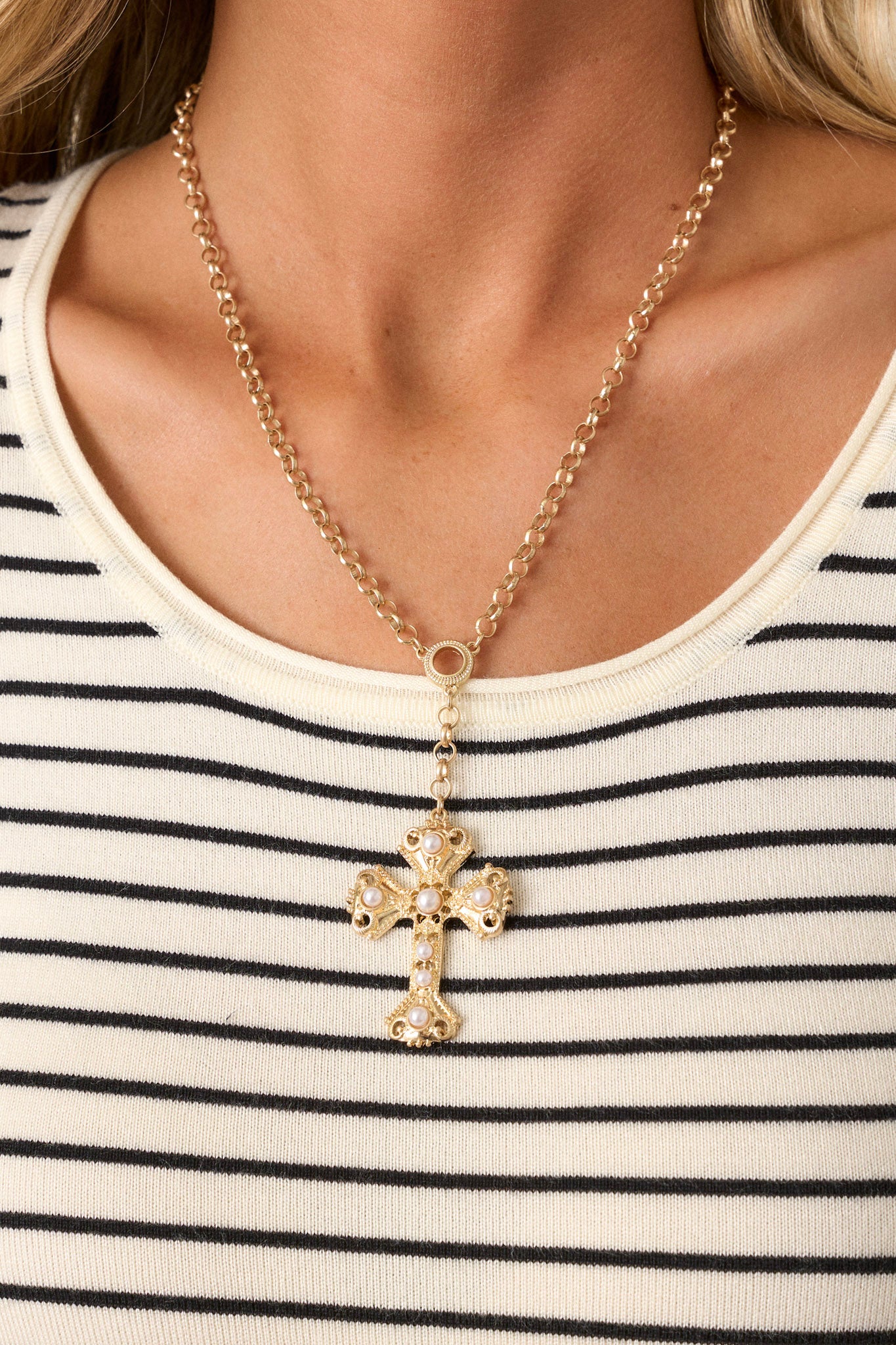 So Many Memories Gold & Ivory Pearl Cross Necklace