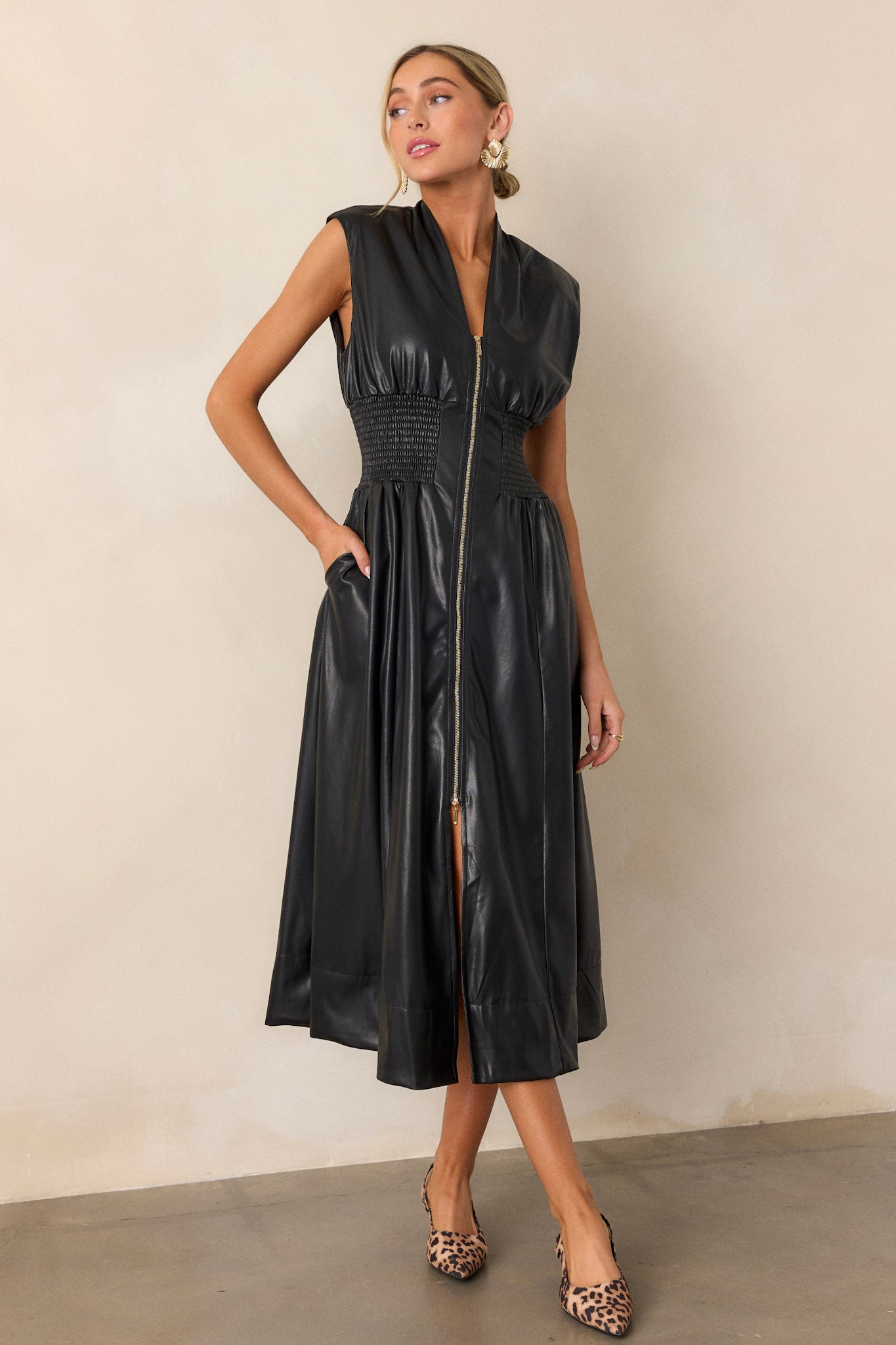 Solaris Dream Black Faux Leather Sleeveless Midi Dress