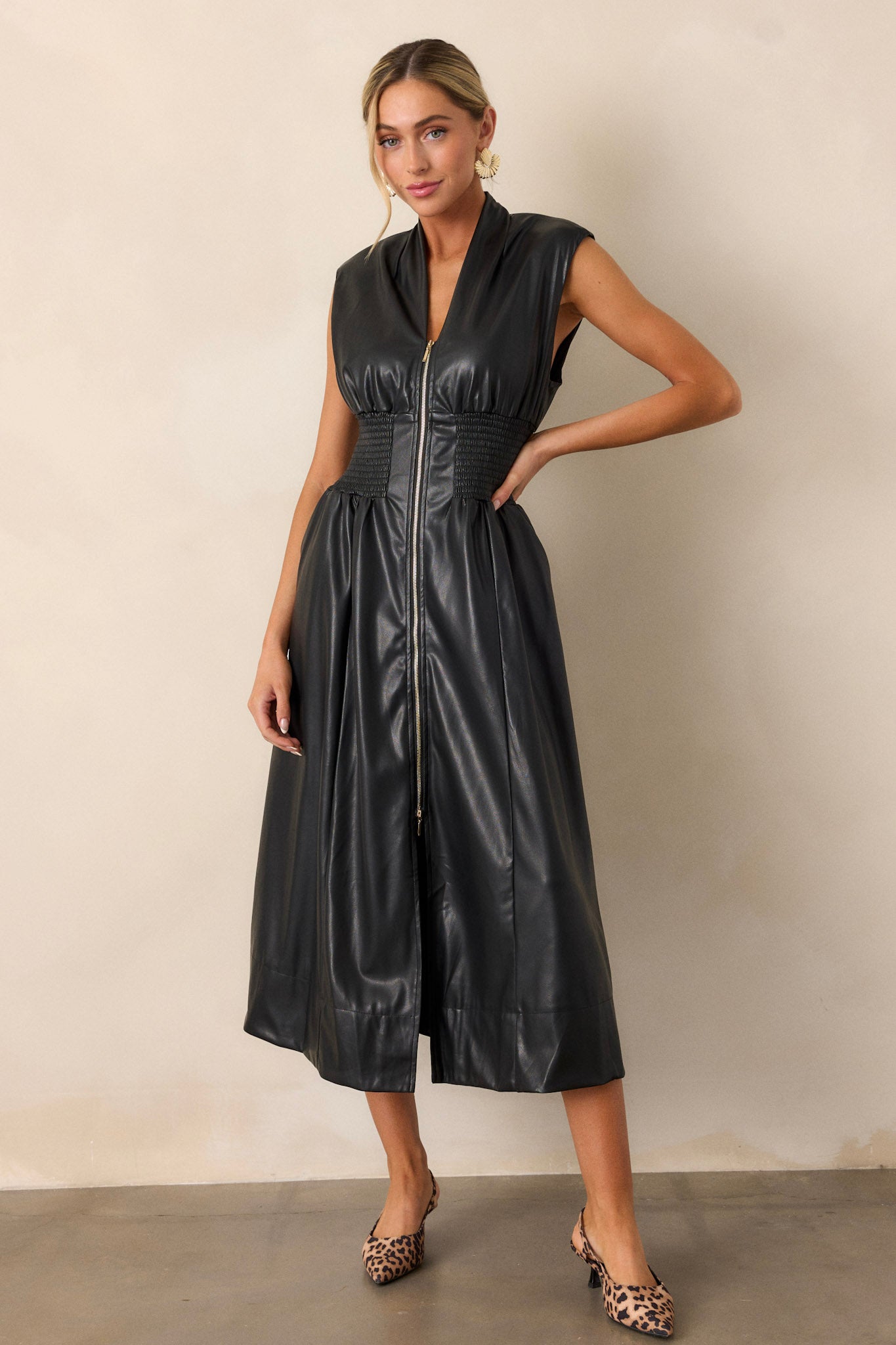 Solaris Dream Black Faux Leather Sleeveless Midi Dress