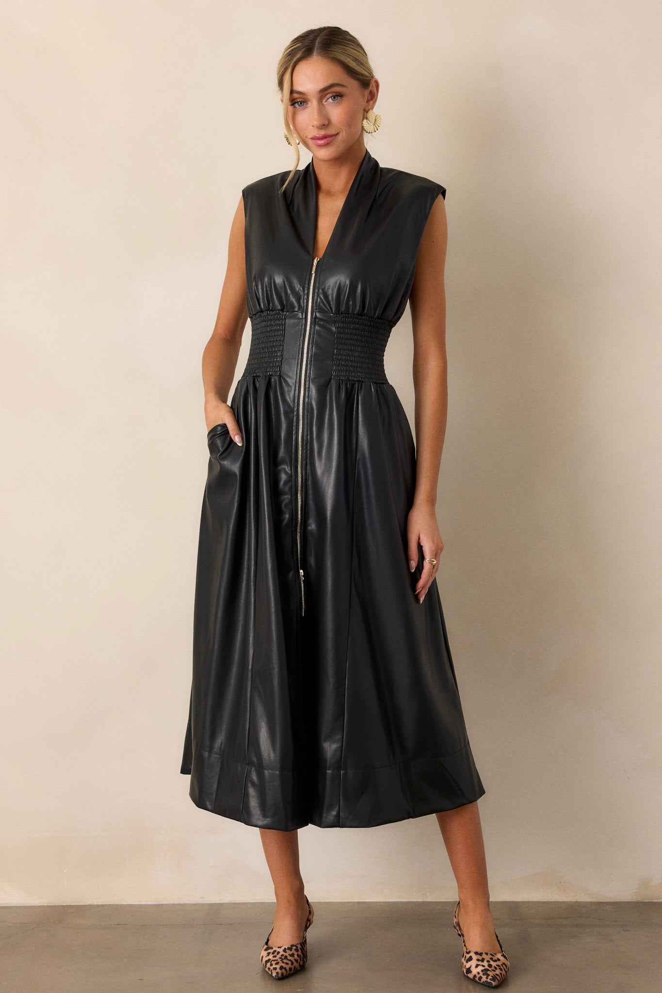 Solaris Dream Black Faux Leather Sleeveless Midi Dress