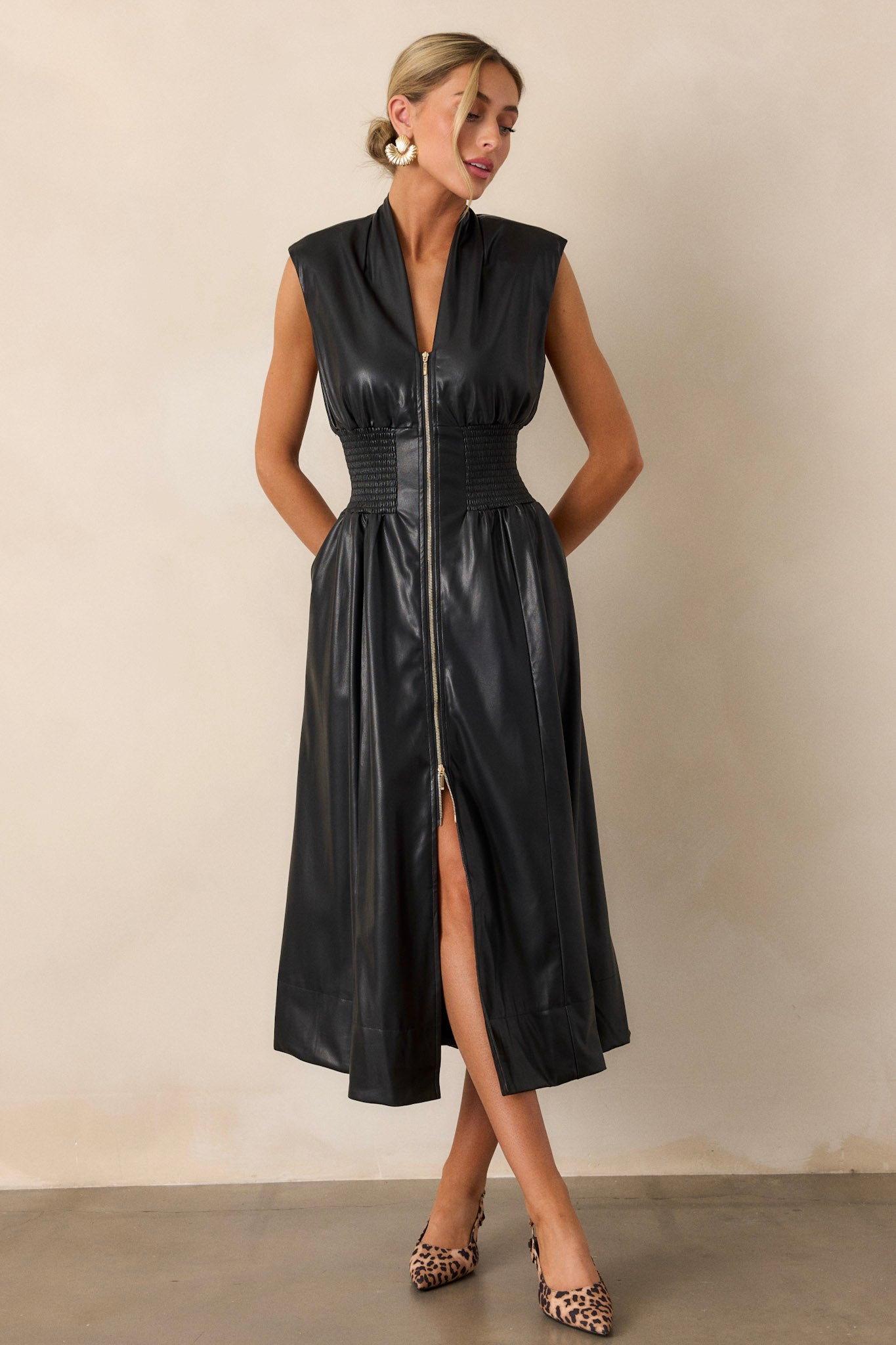 Solaris Dream Black Faux Leather Sleeveless Midi Dress