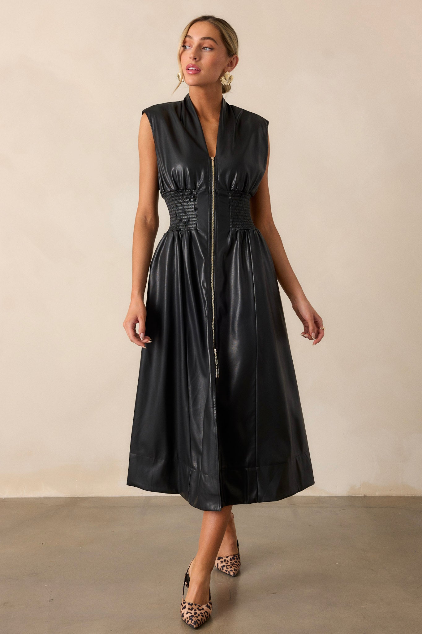 Solaris Dream Black Faux Leather Sleeveless Midi Dress