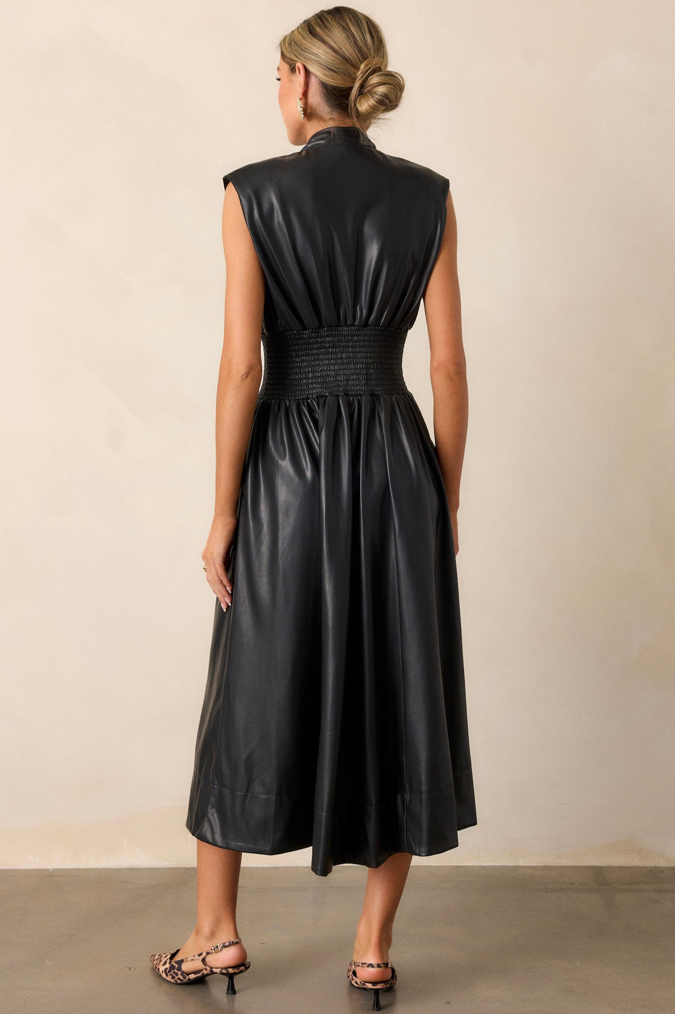 Solaris Dream Black Faux Leather Sleeveless Midi Dress