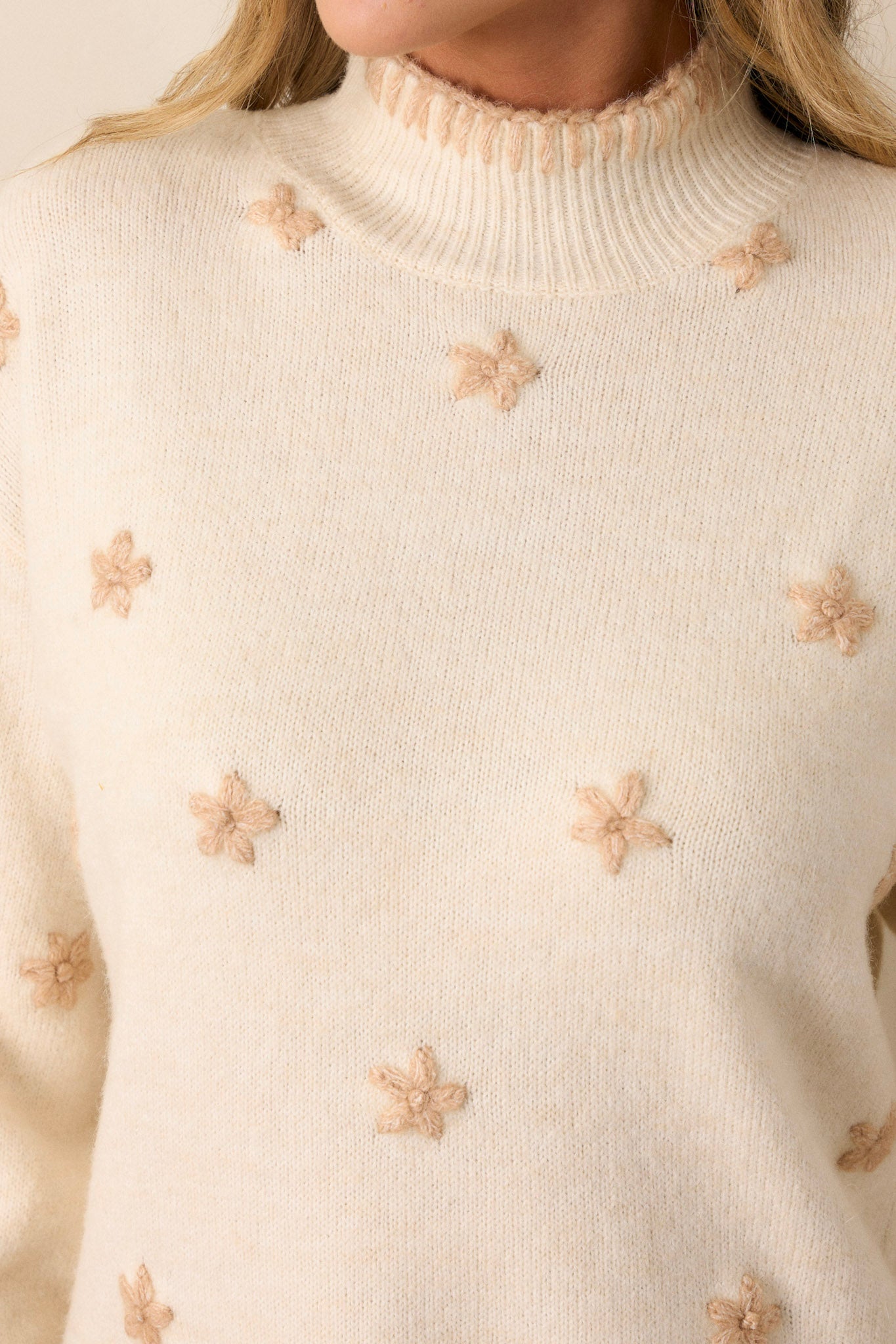 In Your Eyes Ivory Floral Embroidered Mock Neck Sweater