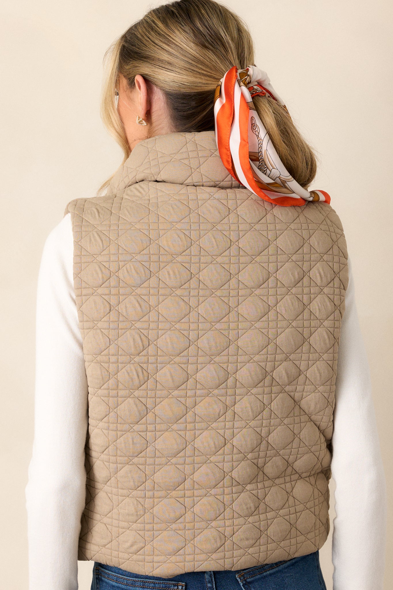 Back view of a tan vest featuring a stylish quilted design, a full zip closure, a collared neckline, and functional pockets.