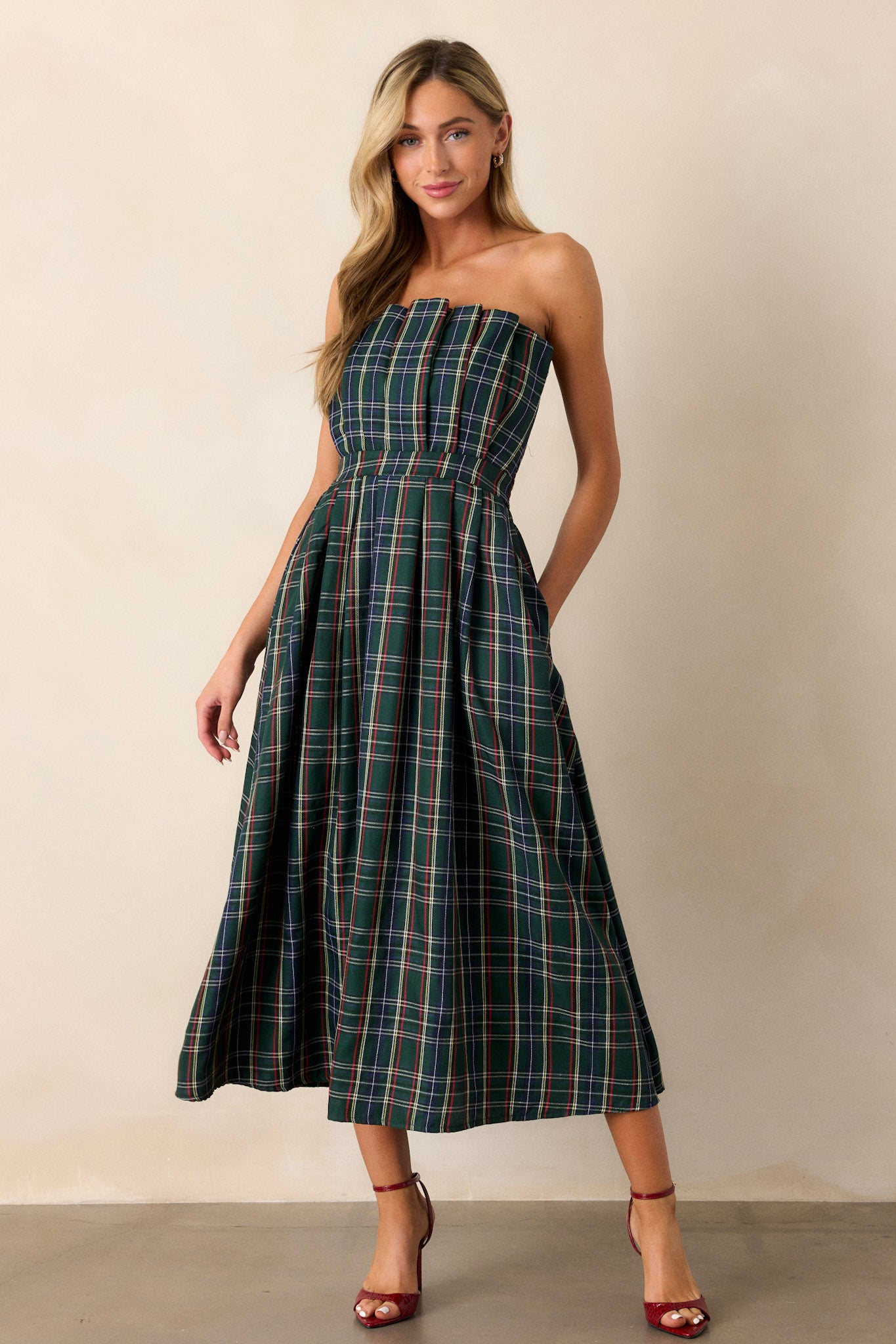 Crystal Dreams Green Plaid Strapless Midi Dress