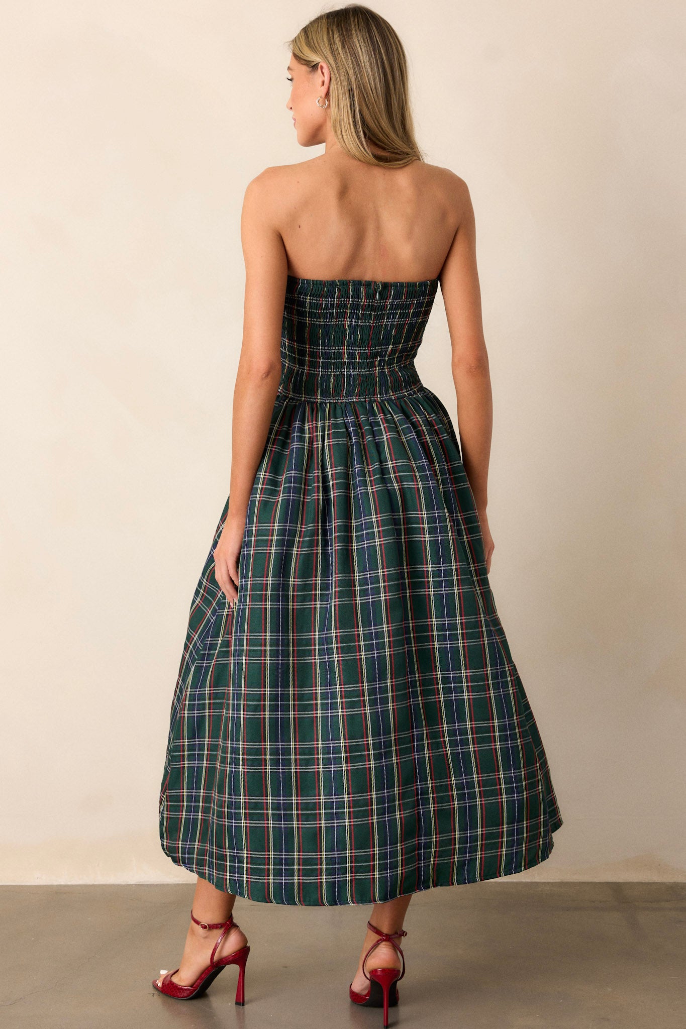 Green Plaid Strapless Midi Dress All Dresses Red Dress