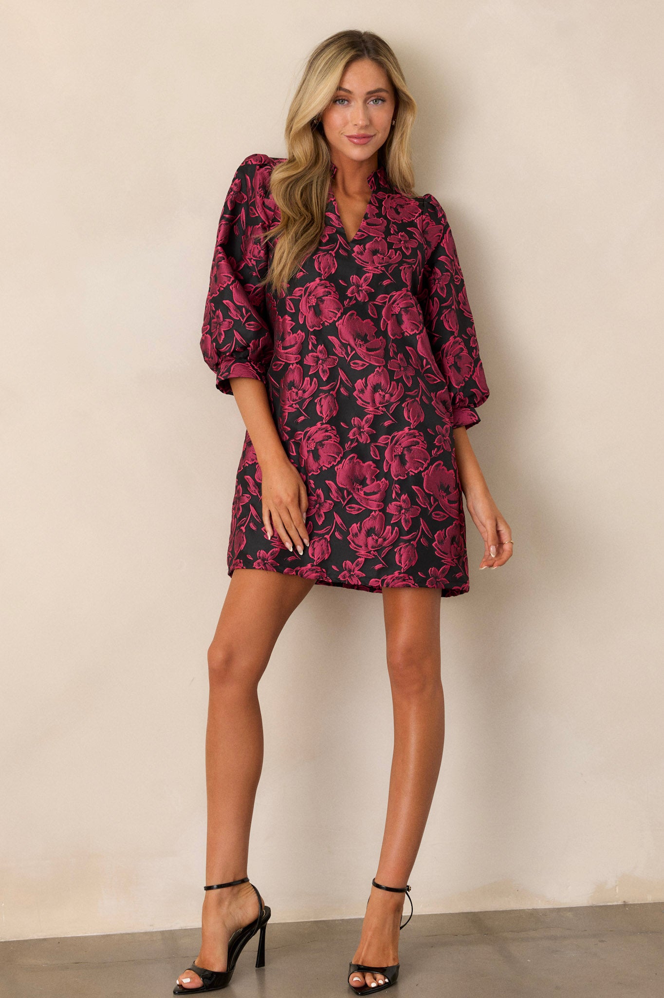 Dark Fuchsia Floral Jacquard Mini Dress All Dresses Red Dress