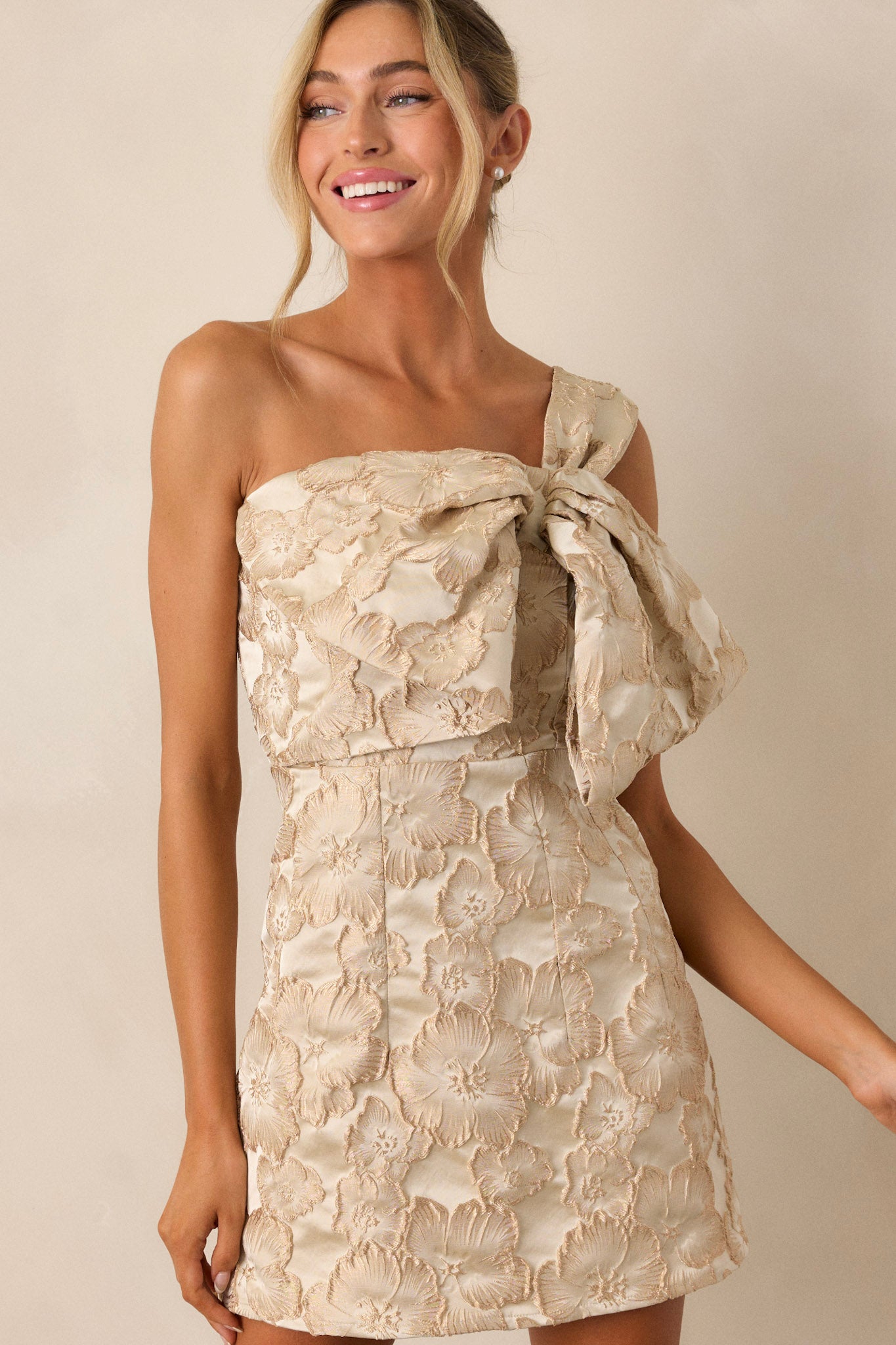 Missing Out Champagne Gold Floral Jacquard Mini Dress