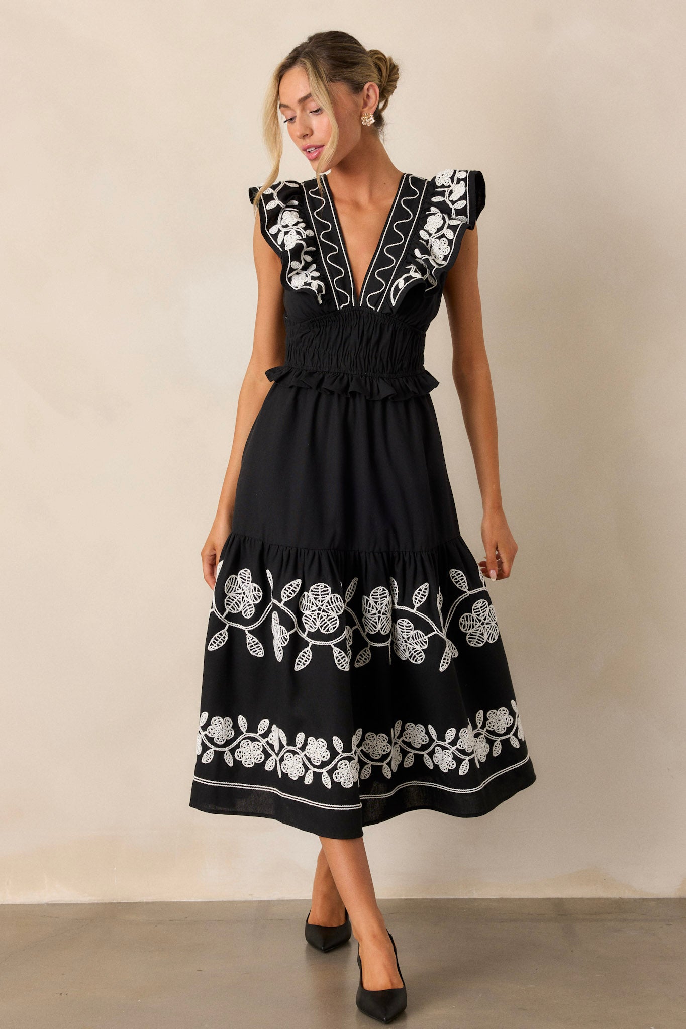 Whispering Pines Black Flutter Sleeve Midi Dress