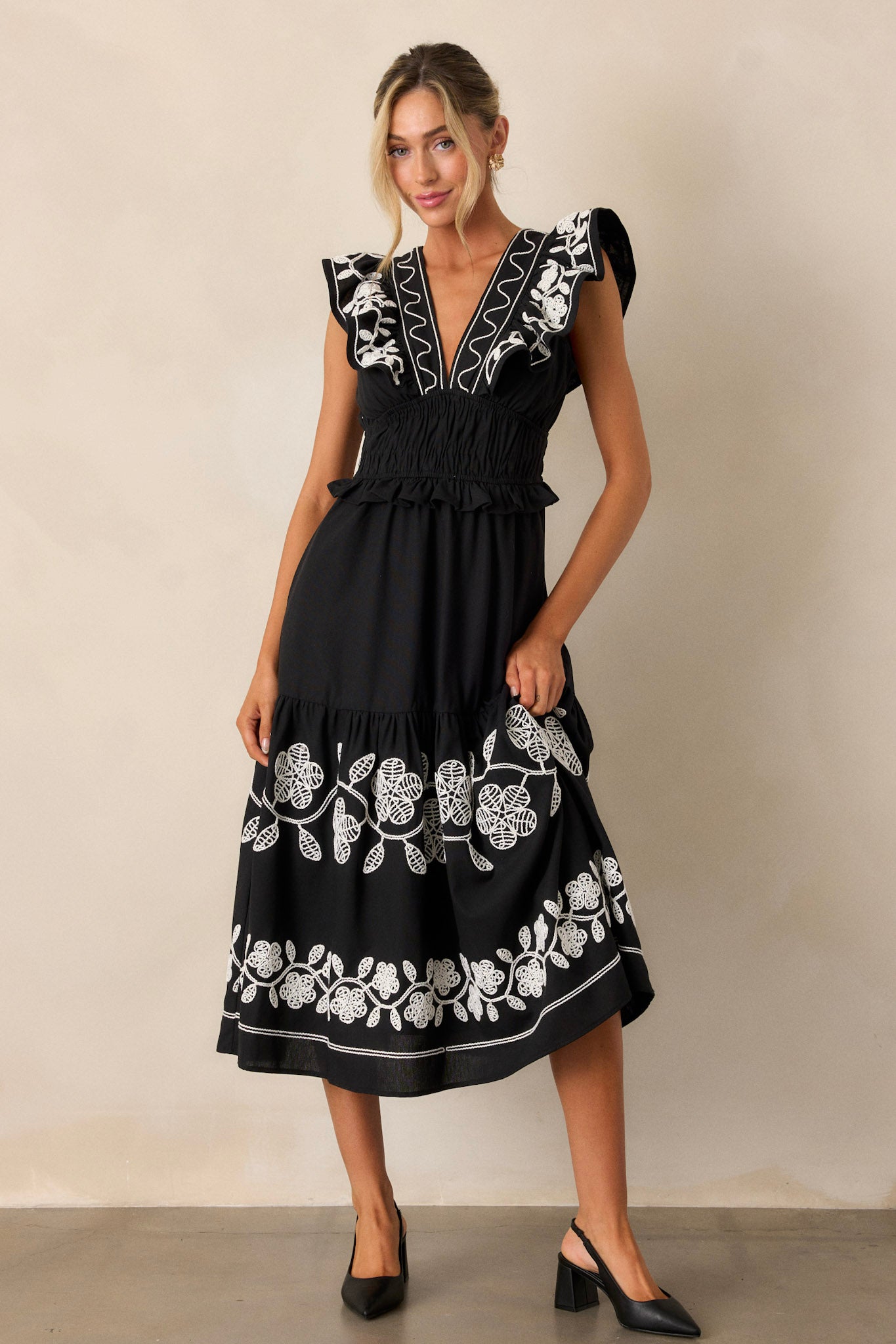 Whispering Pines Black Flutter Sleeve Midi Dress