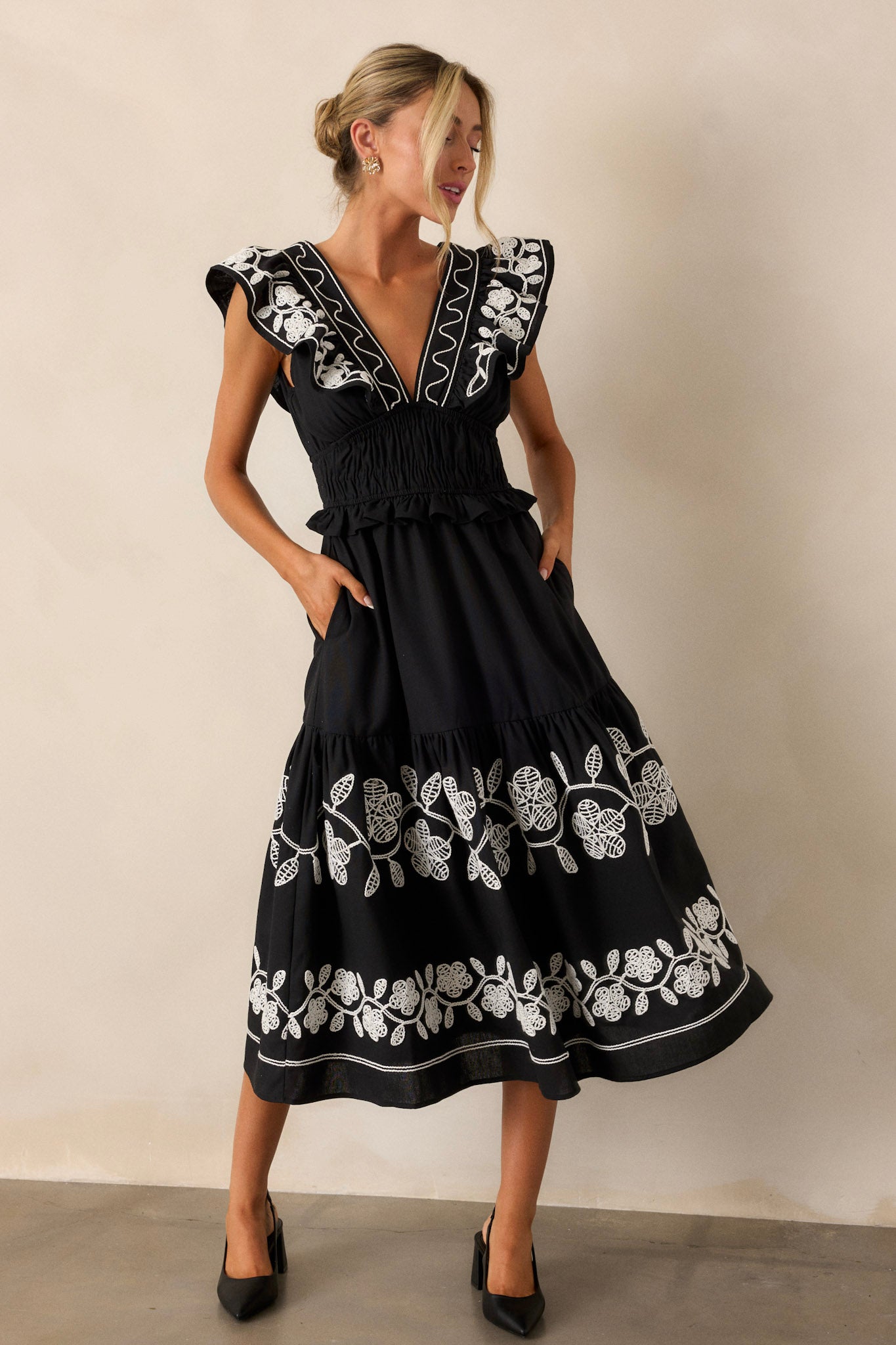 Whispering Pines Black Flutter Sleeve Midi Dress