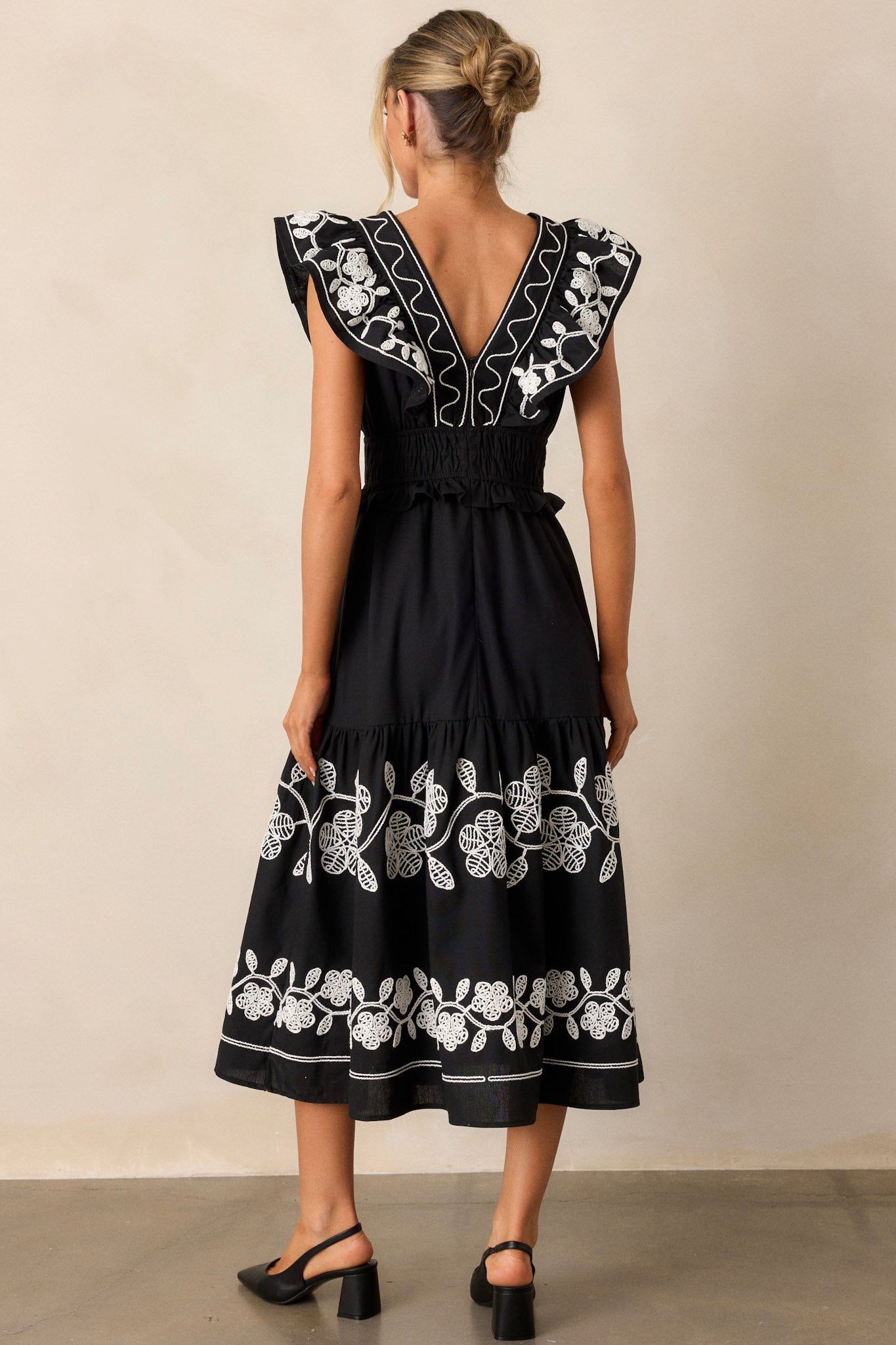 Whispering Pines Black Flutter Sleeve Midi Dress