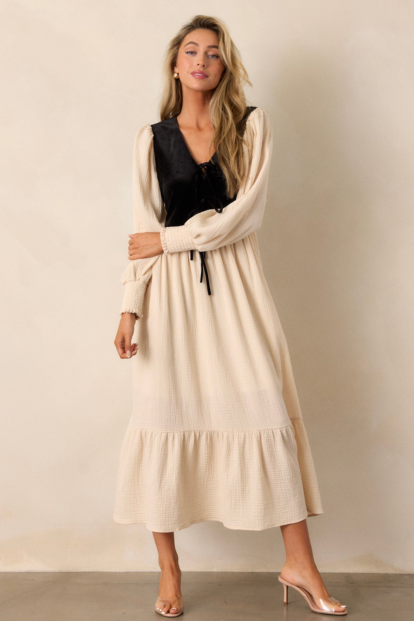 Not Worried 100% Cotton Oatmeal Puff Sleeve Midi Dress