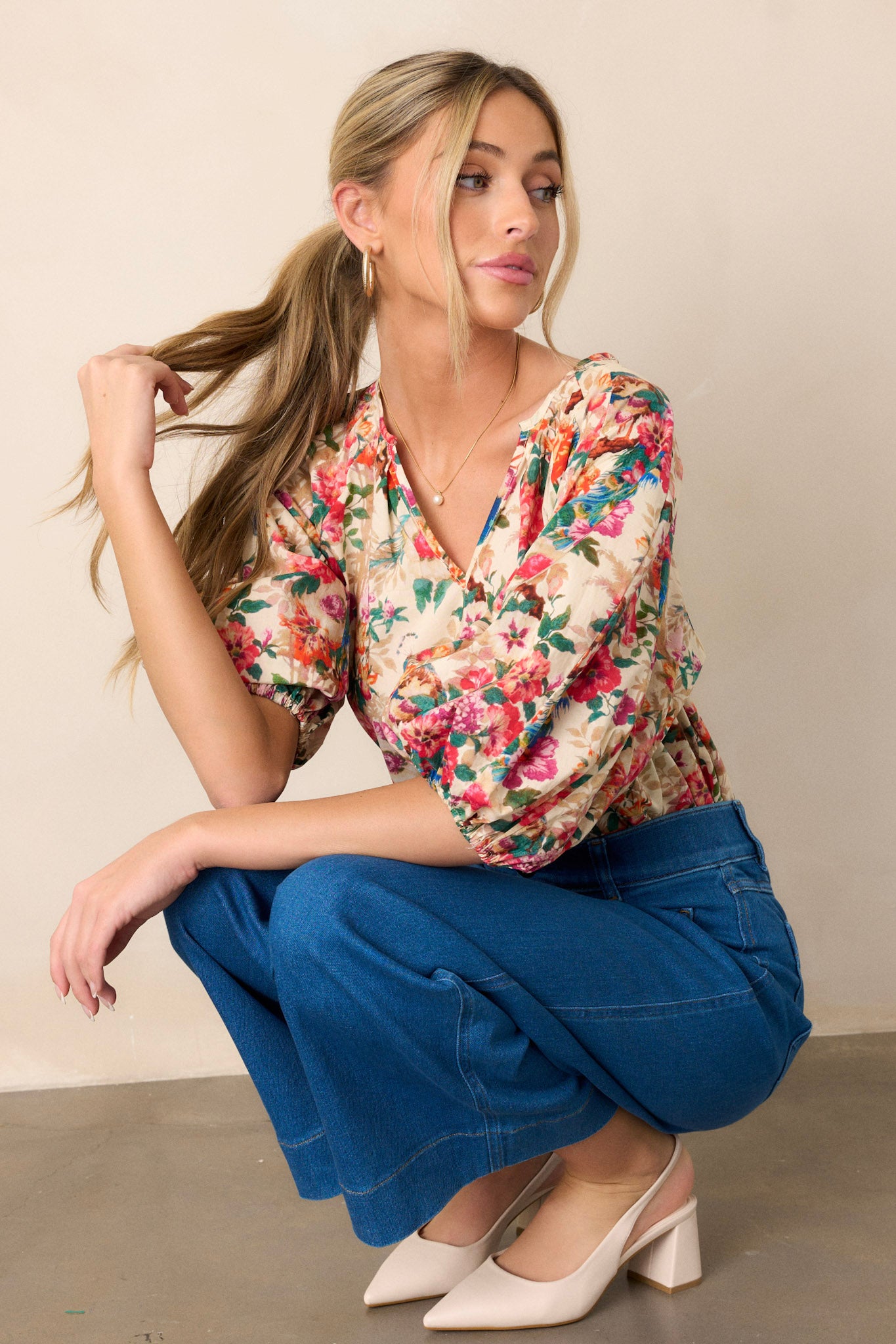 100% Cotton Ivory Floral Puff Sleeve Blouse - All Tops | Red Dress