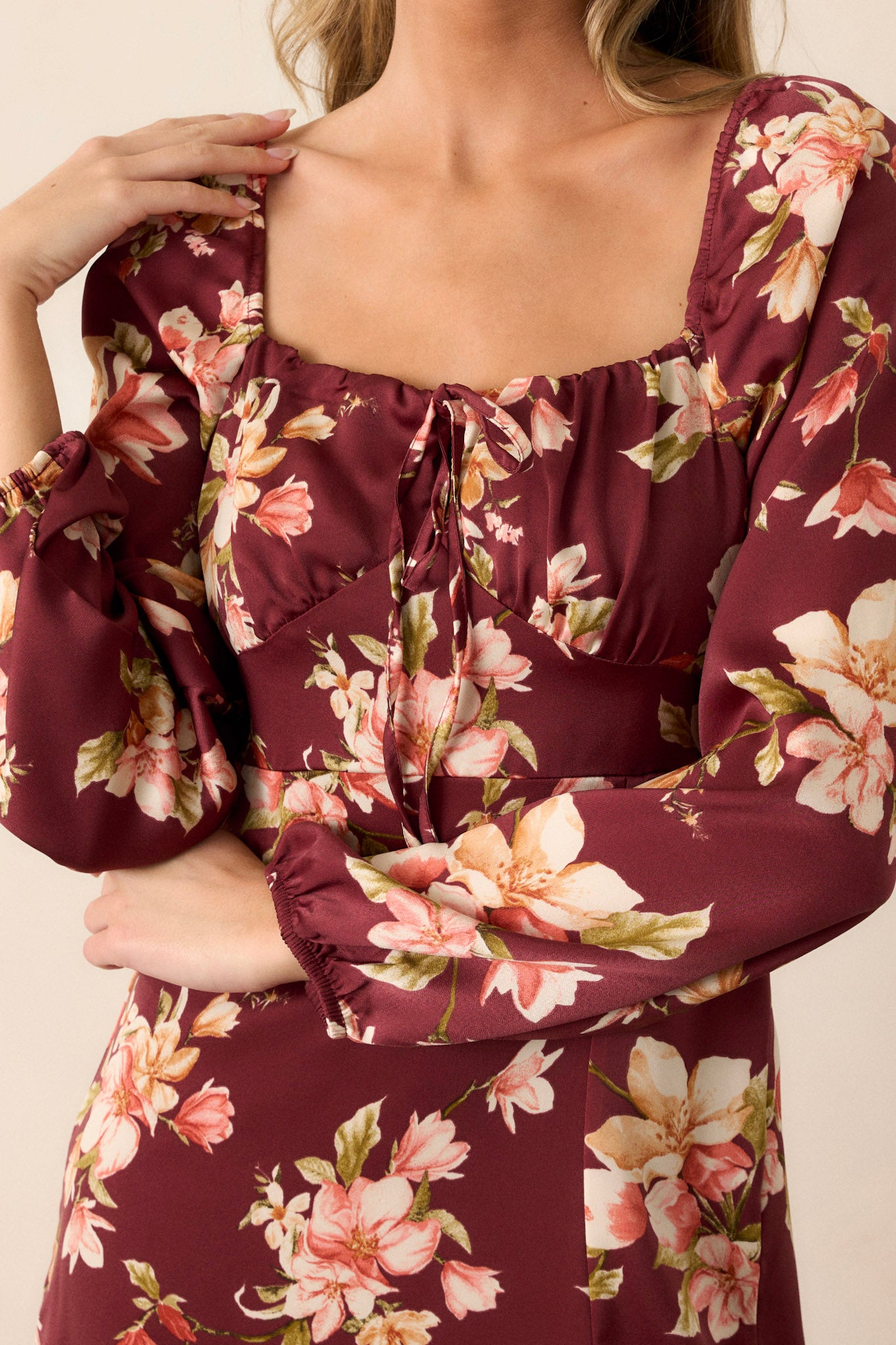 Perfect Meet Cute Burgundy Floral Long Sleeve Midi Dress