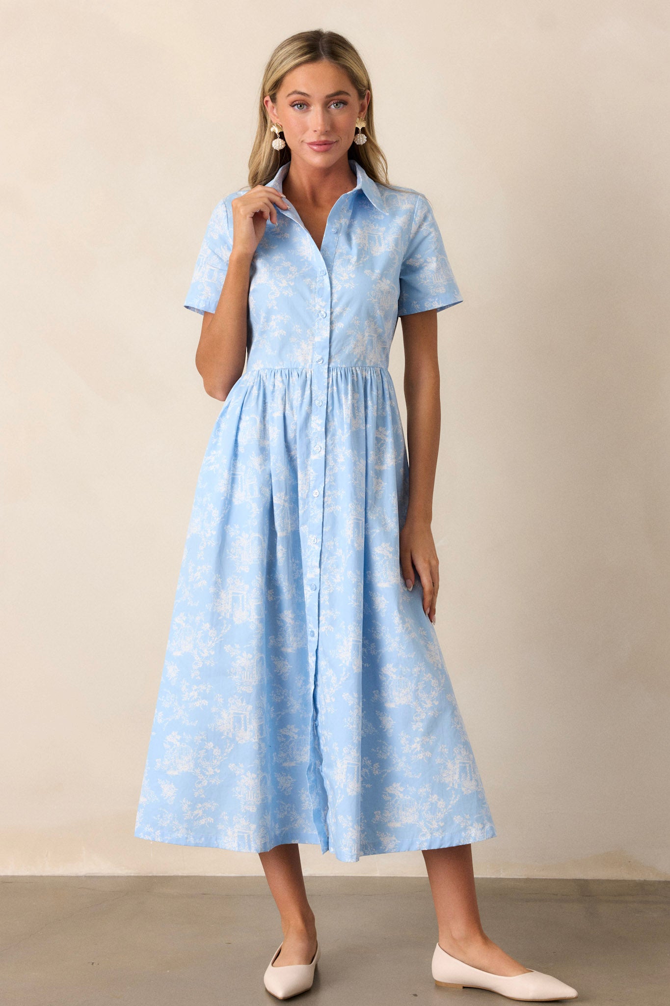 Front view of a light blue maxi dress featuring a collared neckline, a functional button front, gathering at the waist, functional hip pockets, a gorgeous toile pattern, and a flowing silhouette