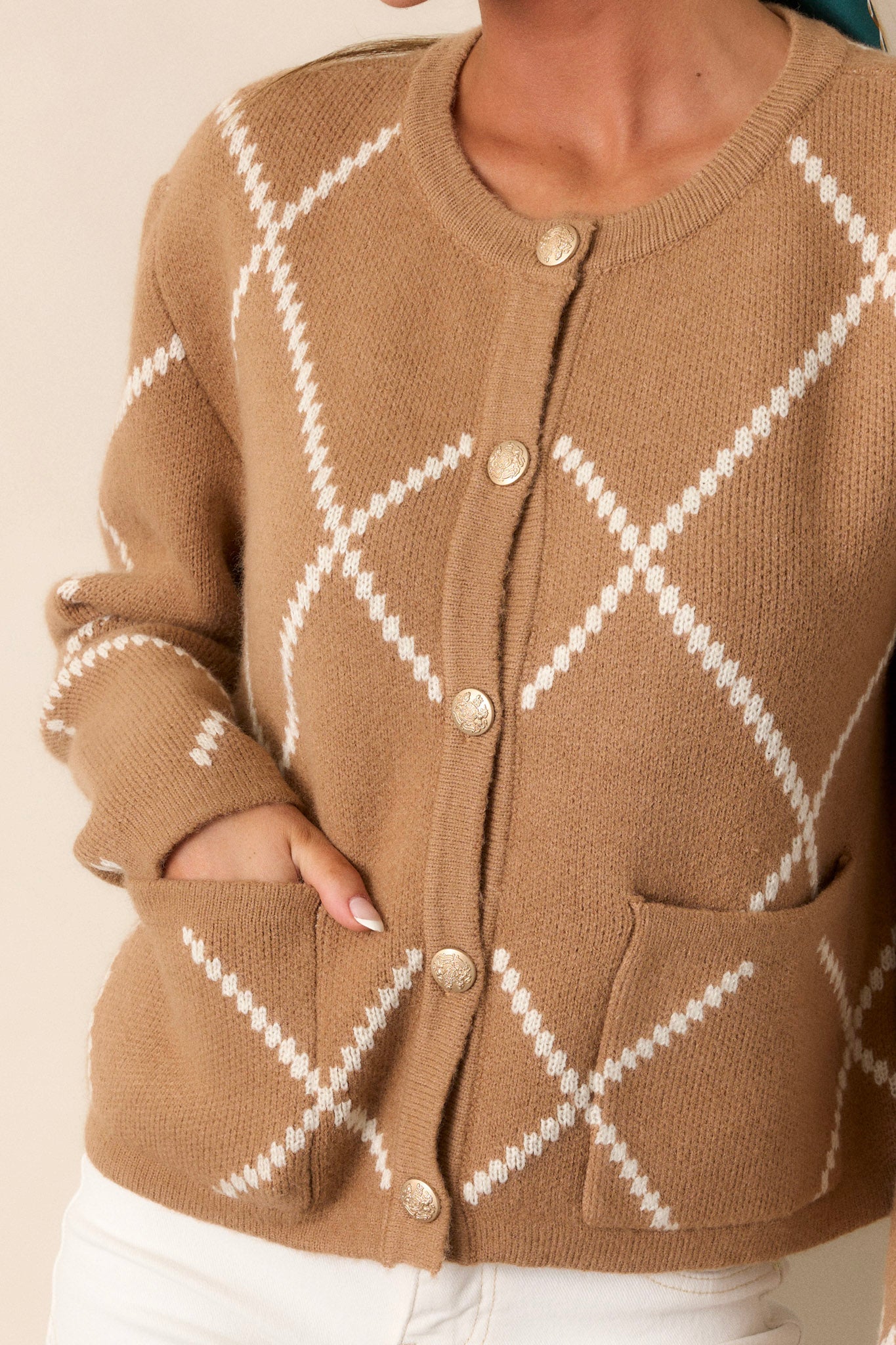 You Should Know Tan Argyle Button Front Cardigan