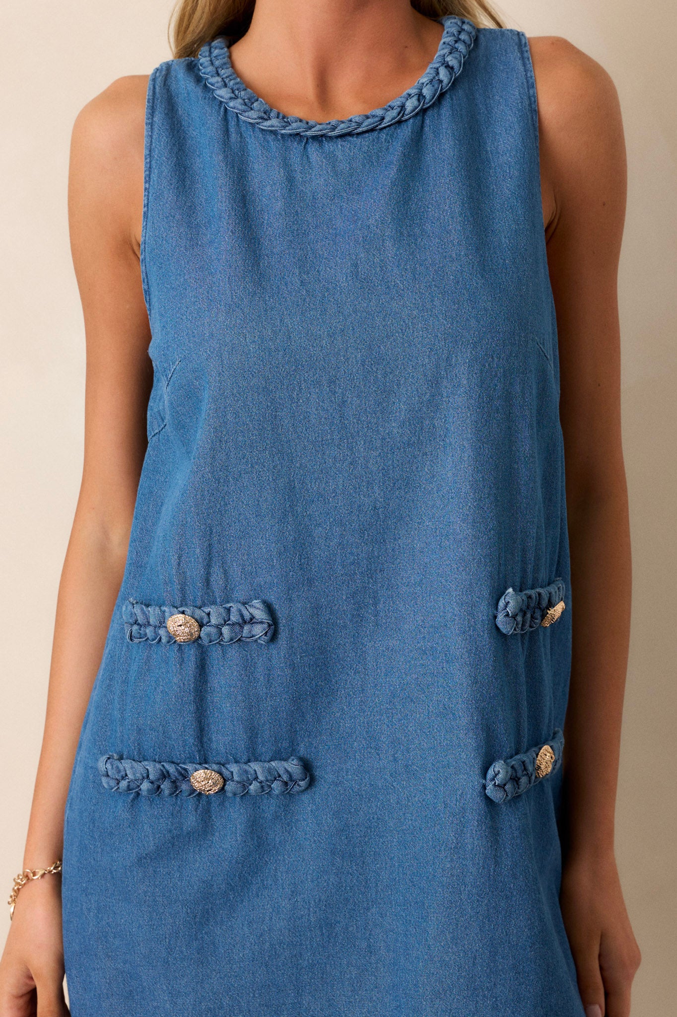 Chic Charm 100% Cotton Medium Wash Chambray Mini Dress