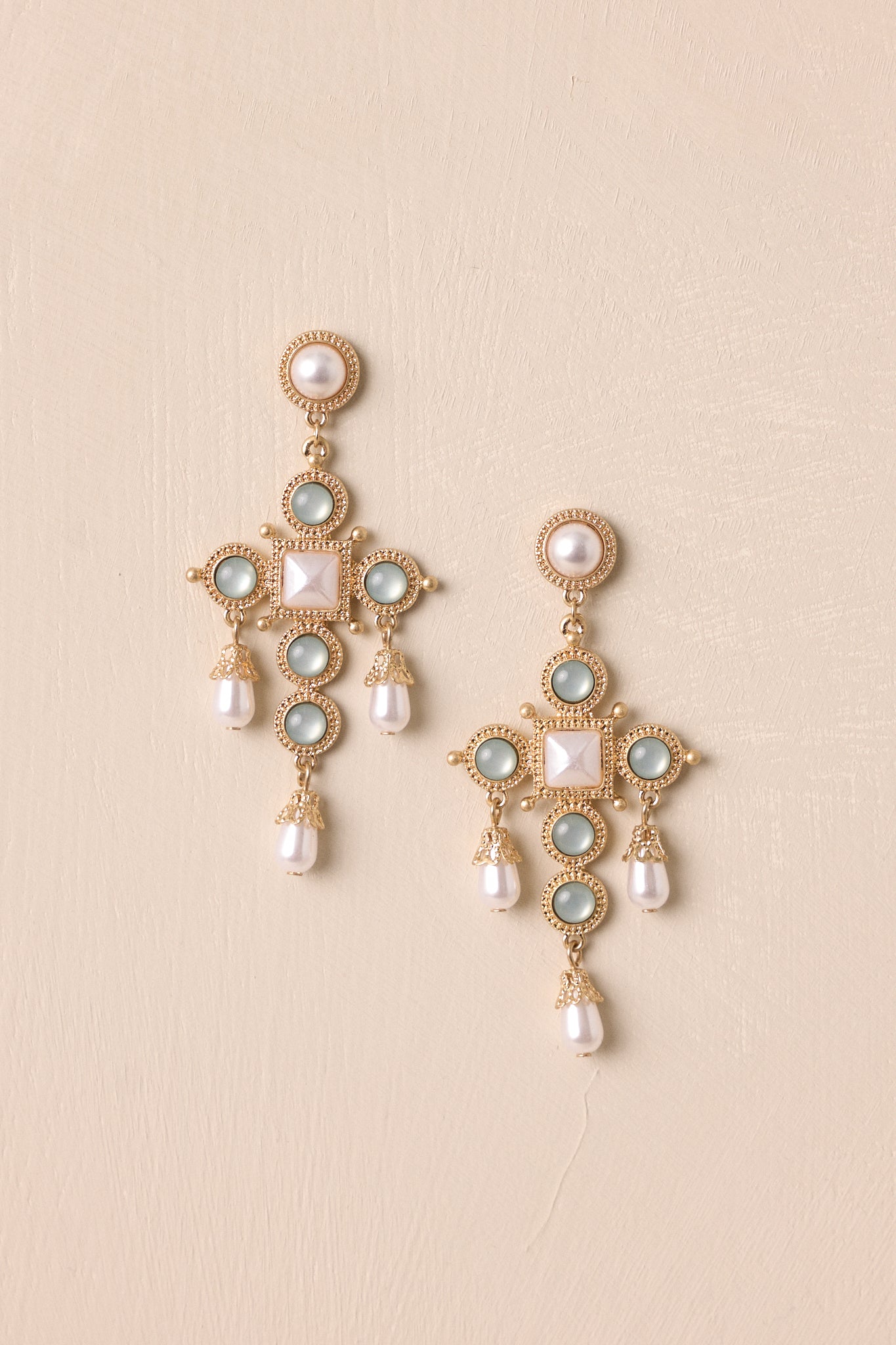 Opaline Breeze Gold & Sage Pearl Drop Earrings