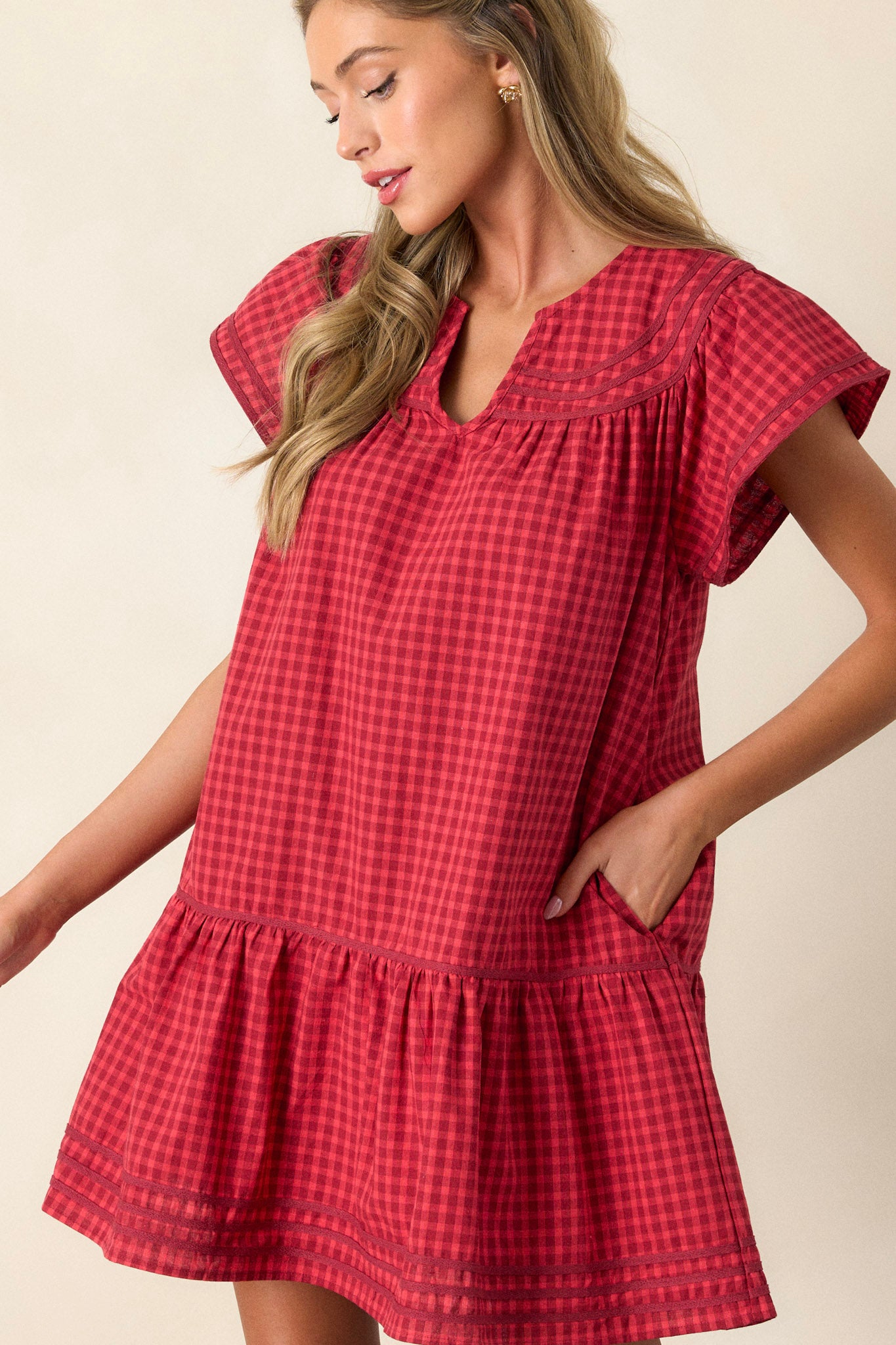 Picnic Day 100% Cotton Red Gingham Mini Dress