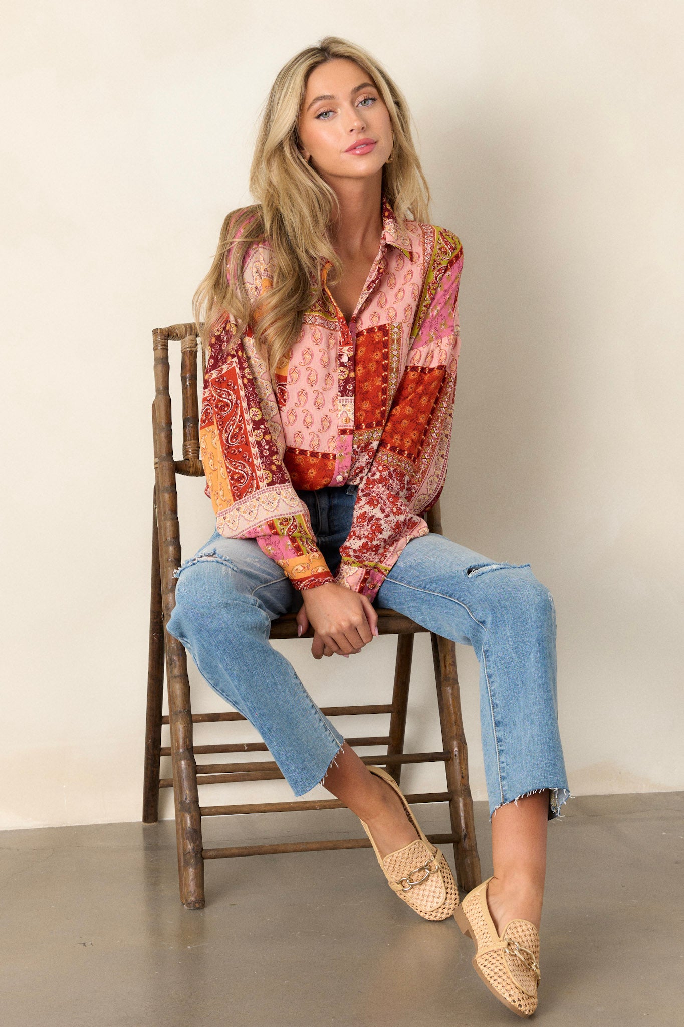 Escaping Reality Rust Multi Patchwork Print Top