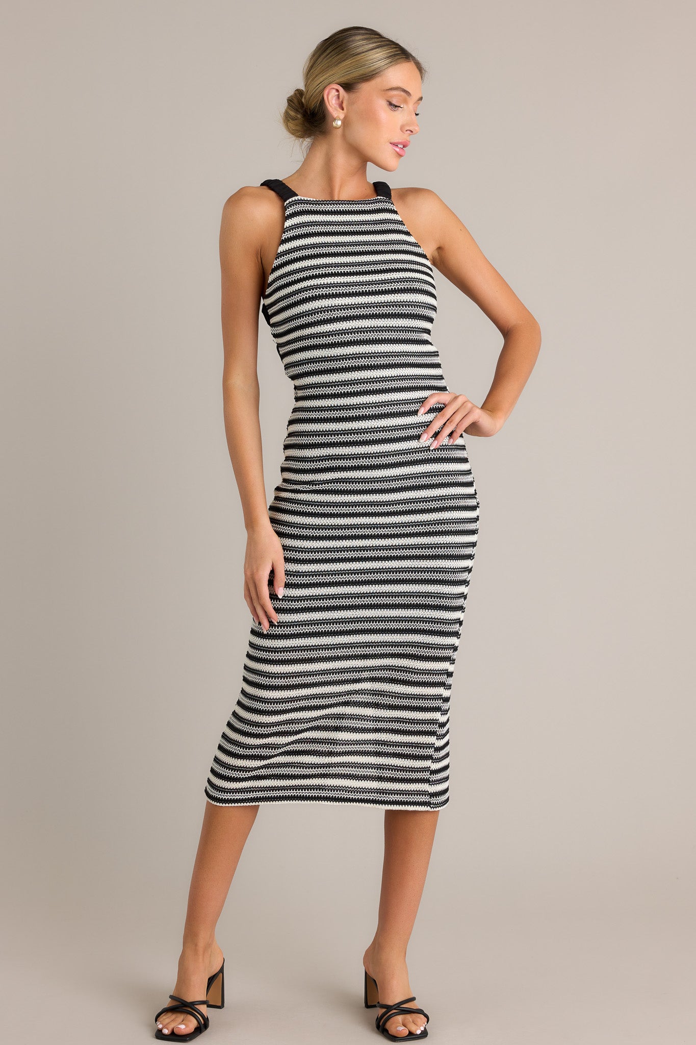 Black Stripe Knit Midi Dress - All Dresses | Red Dress