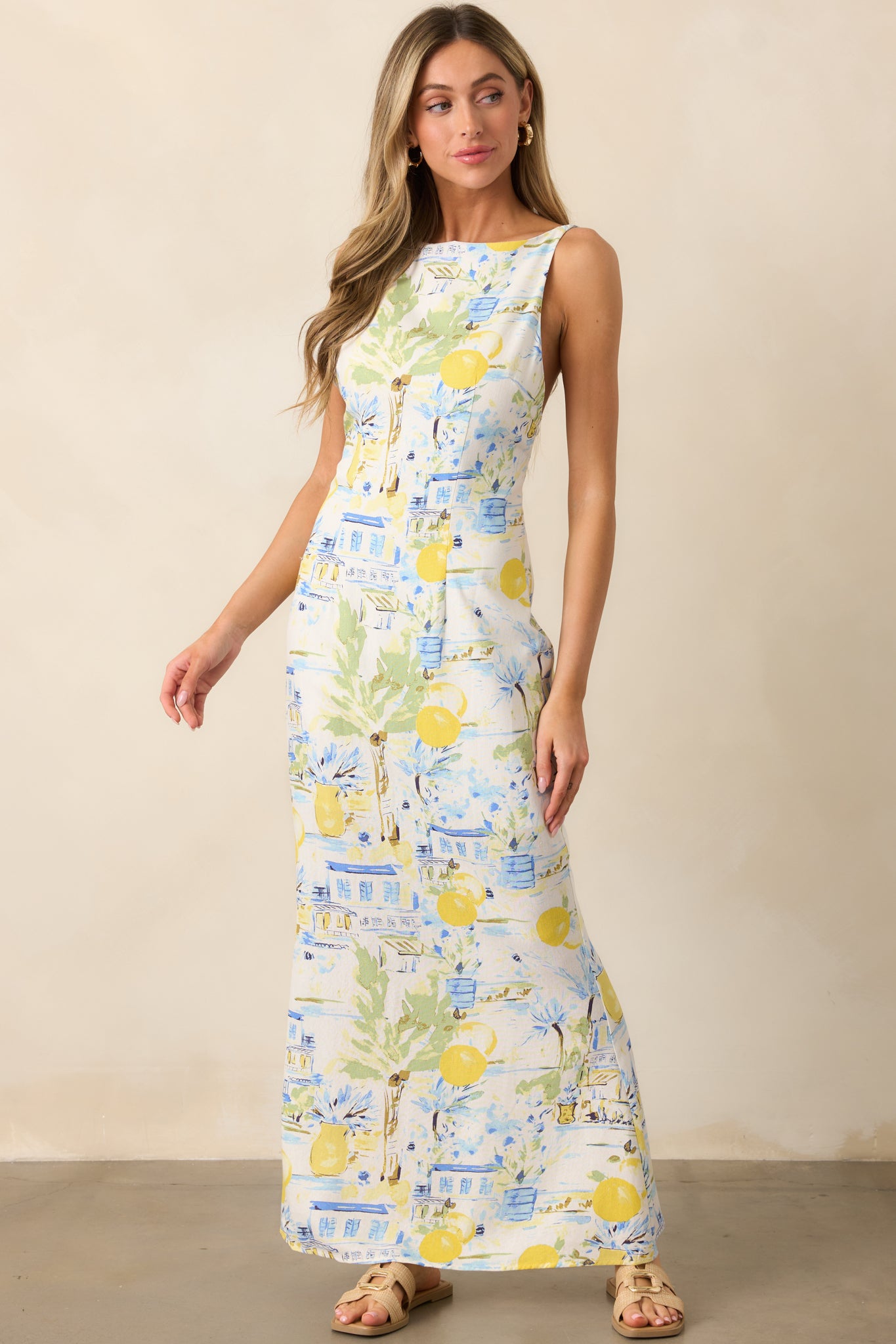 Seaside Strolling Ivory Watercolor Print Maxi Dress