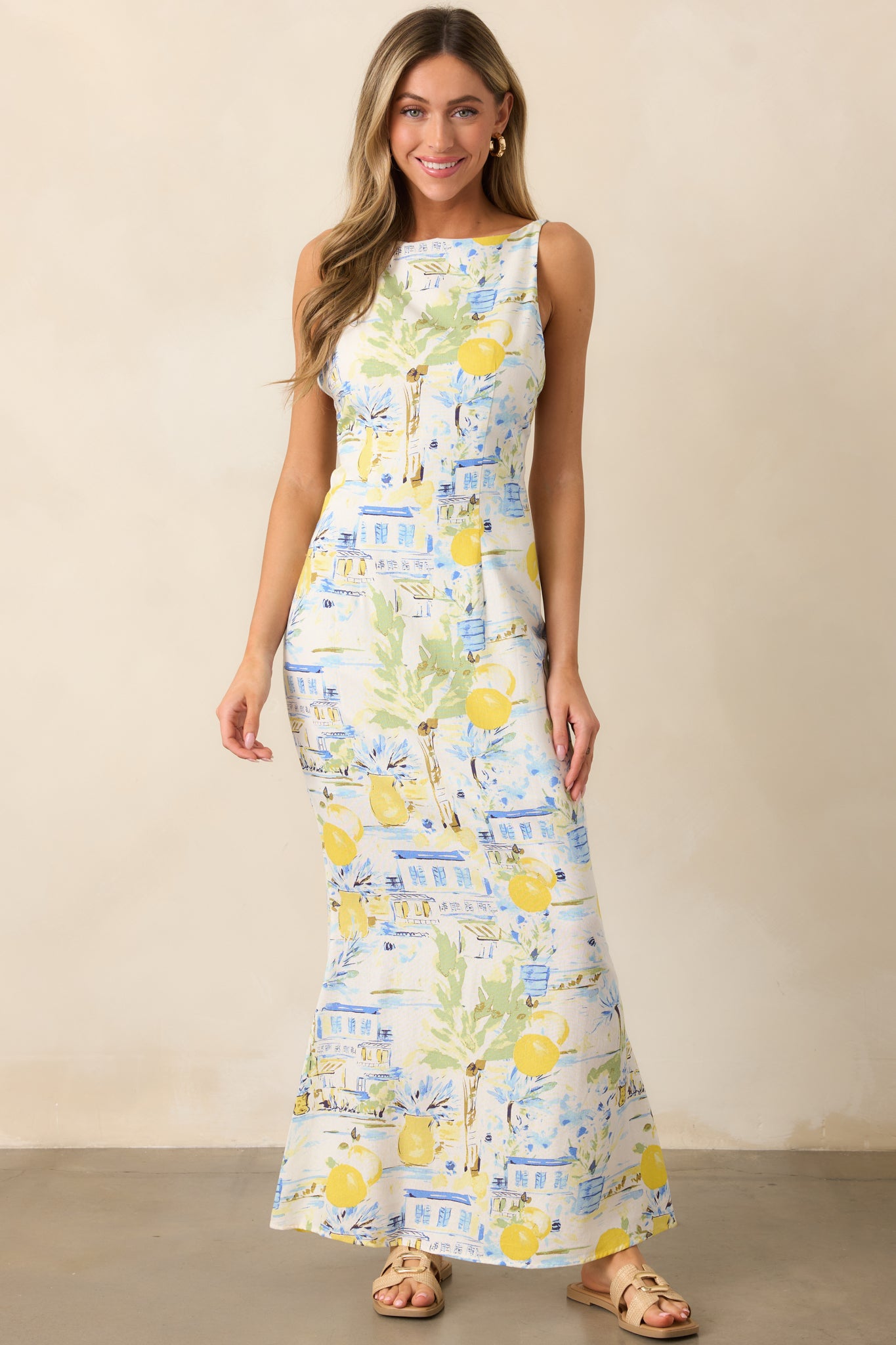 Seaside Strolling Ivory Watercolor Print Maxi Dress