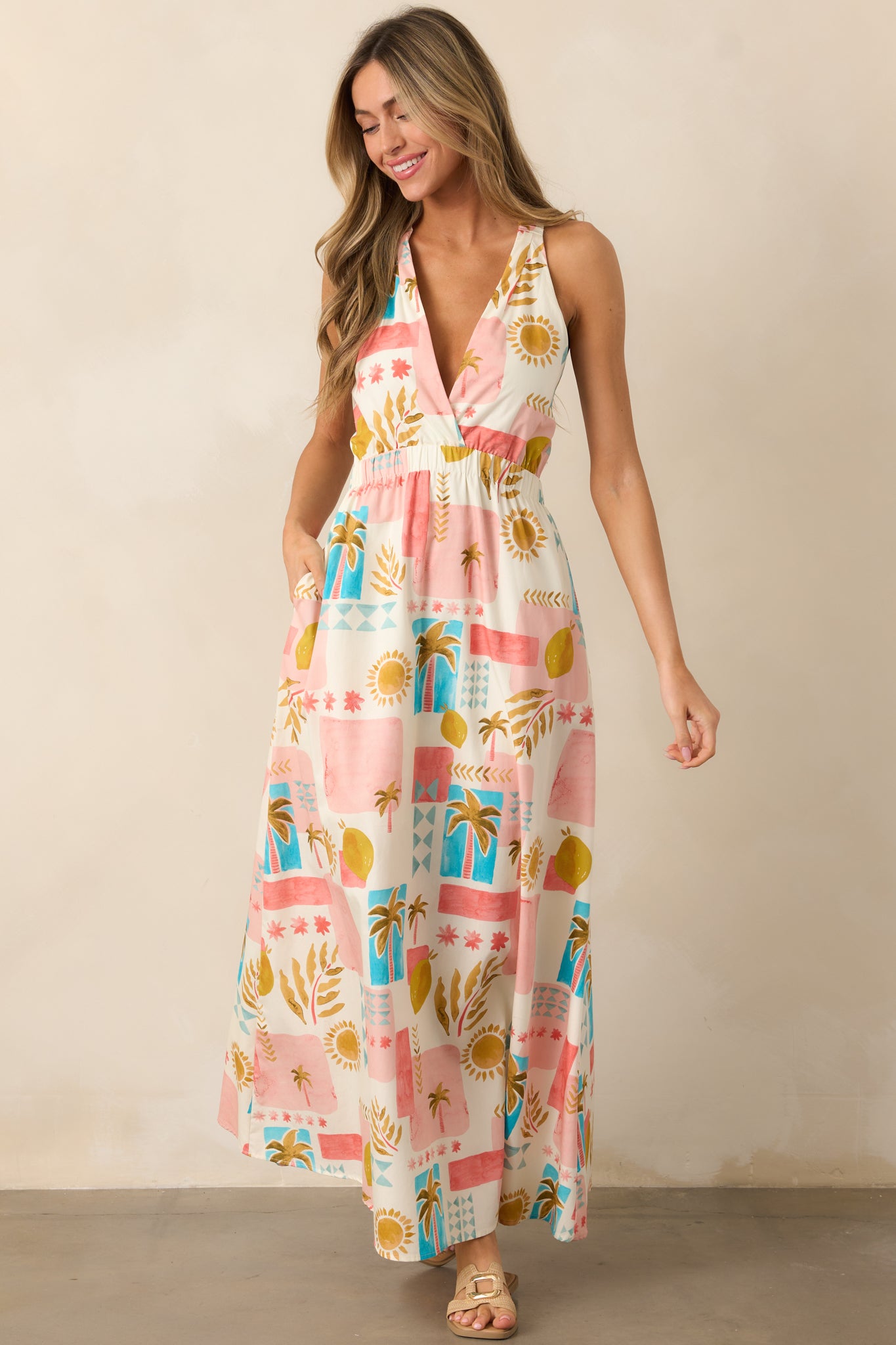 Vibrant Tides Pink Multi Tropical Print Maxi Dress