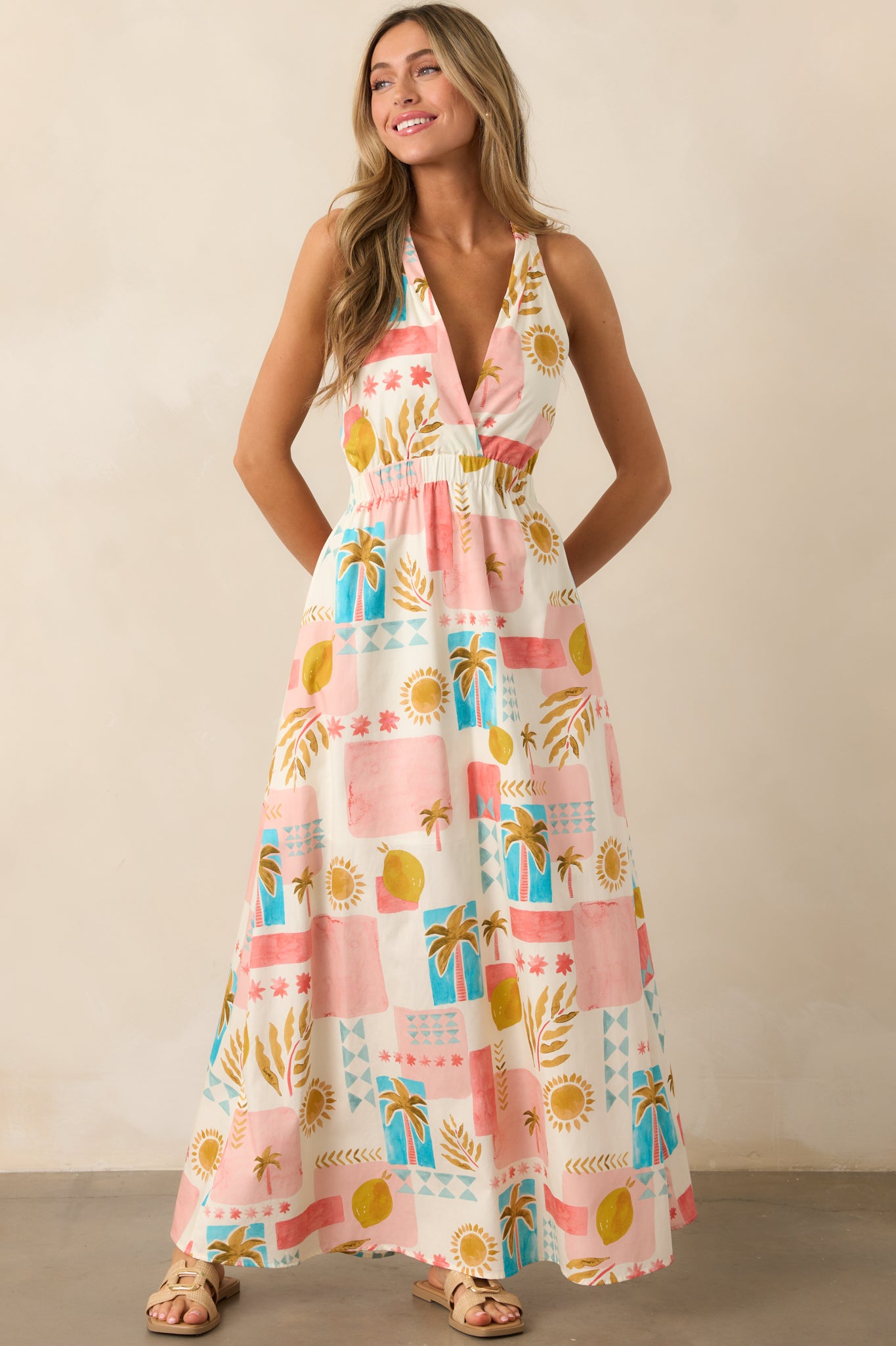 Vibrant Tides Pink Multi Tropical Print Maxi Dress