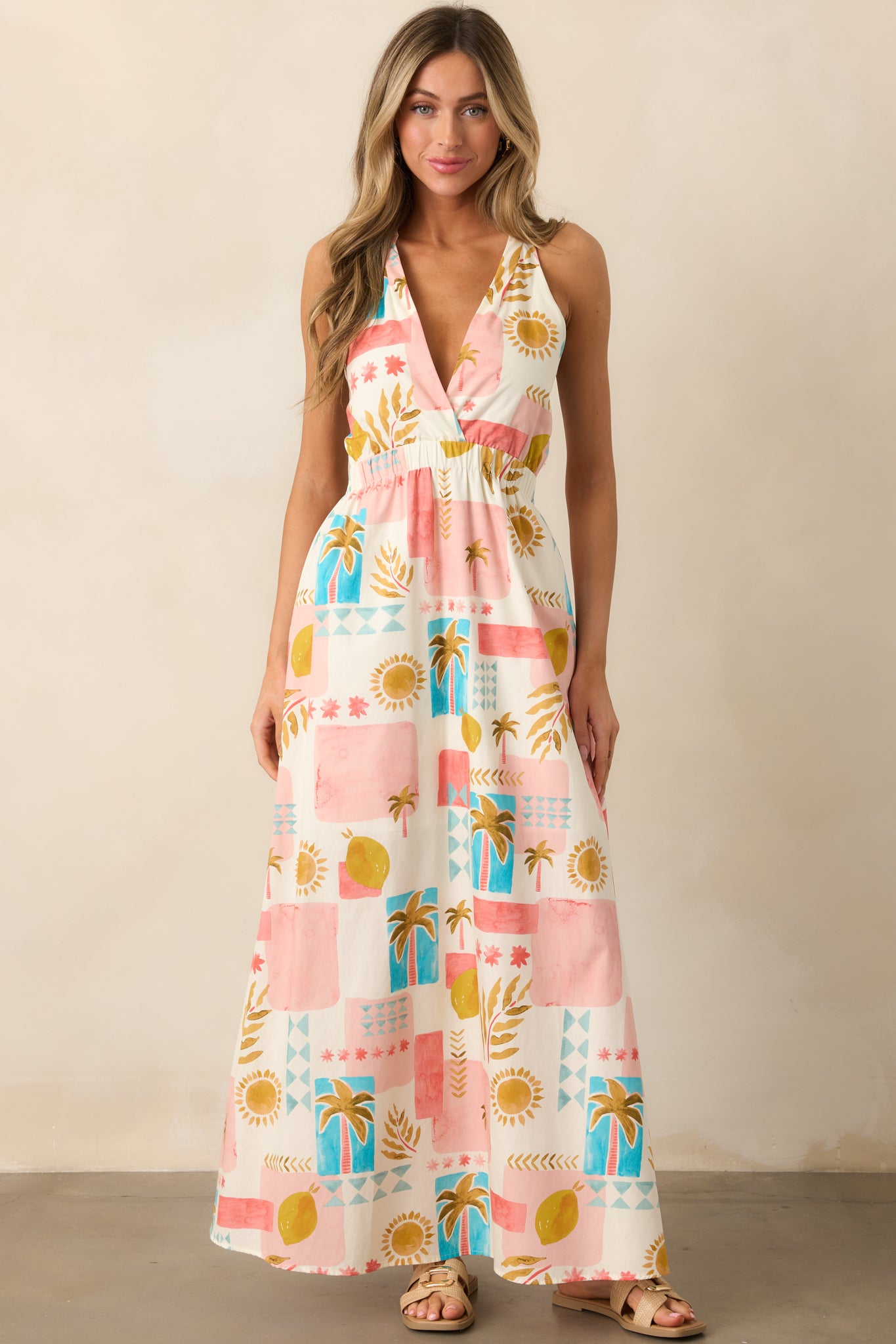 Vibrant Tides Pink Multi Tropical Print Maxi Dress