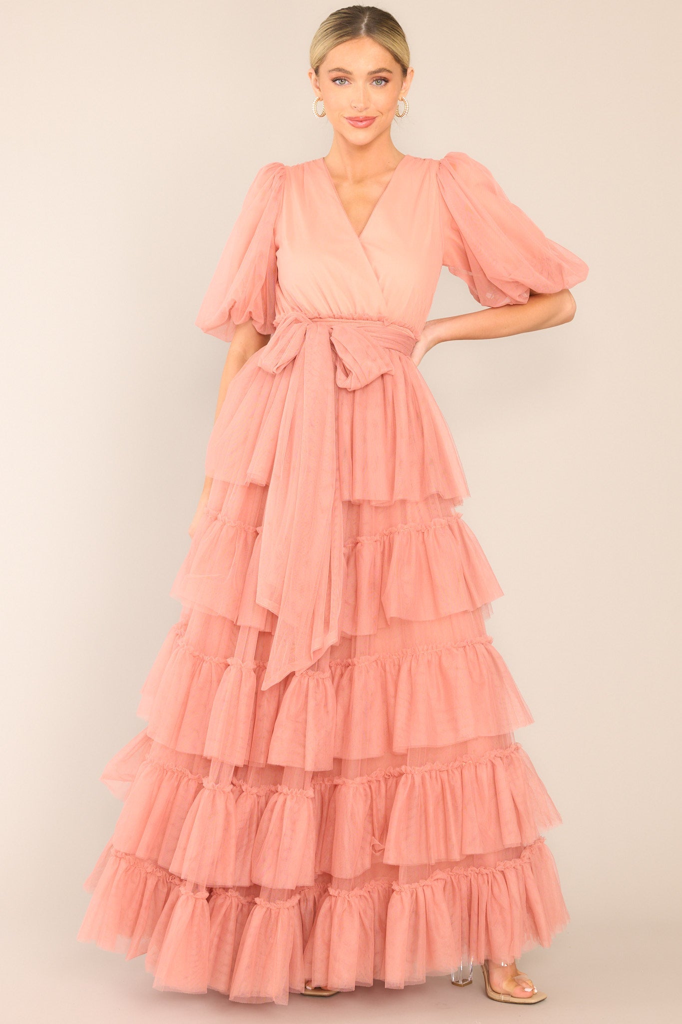 A Beautiful Feeling Rose Pink Tiered Tulle Maxi Dress - Red Dress