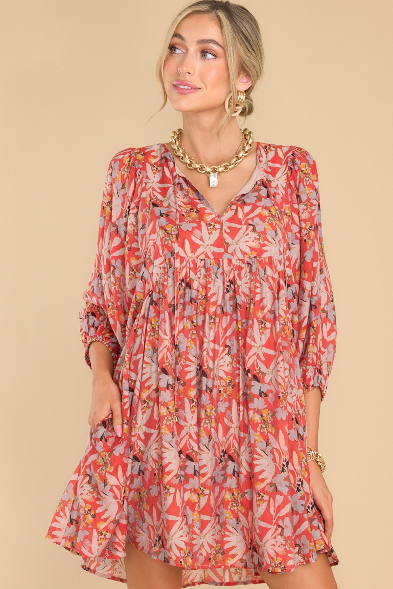 All Dreamers Rust Floral Print Dress - Red Dress