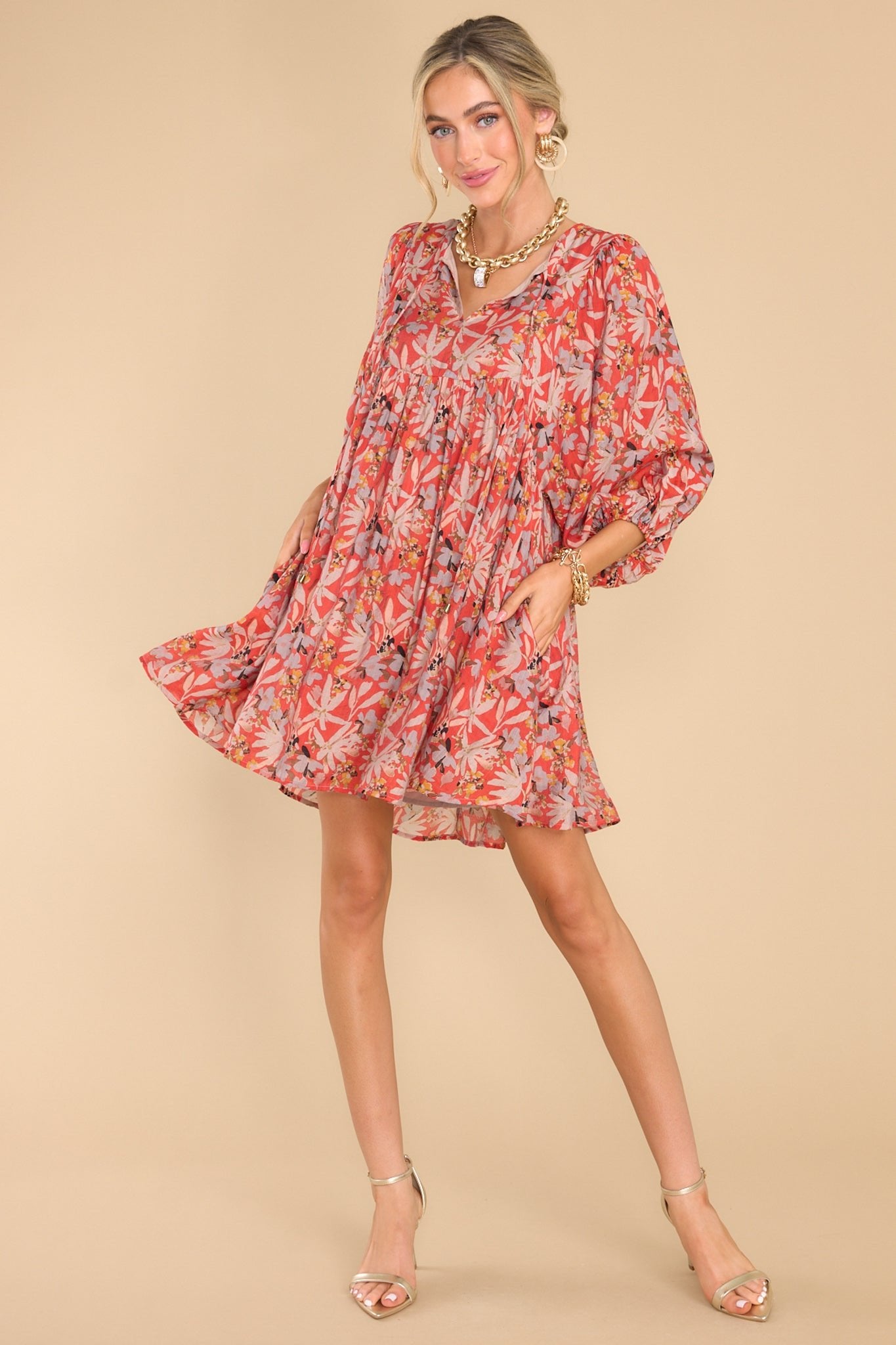 All Dreamers Rust Floral Print Dress - Red Dress