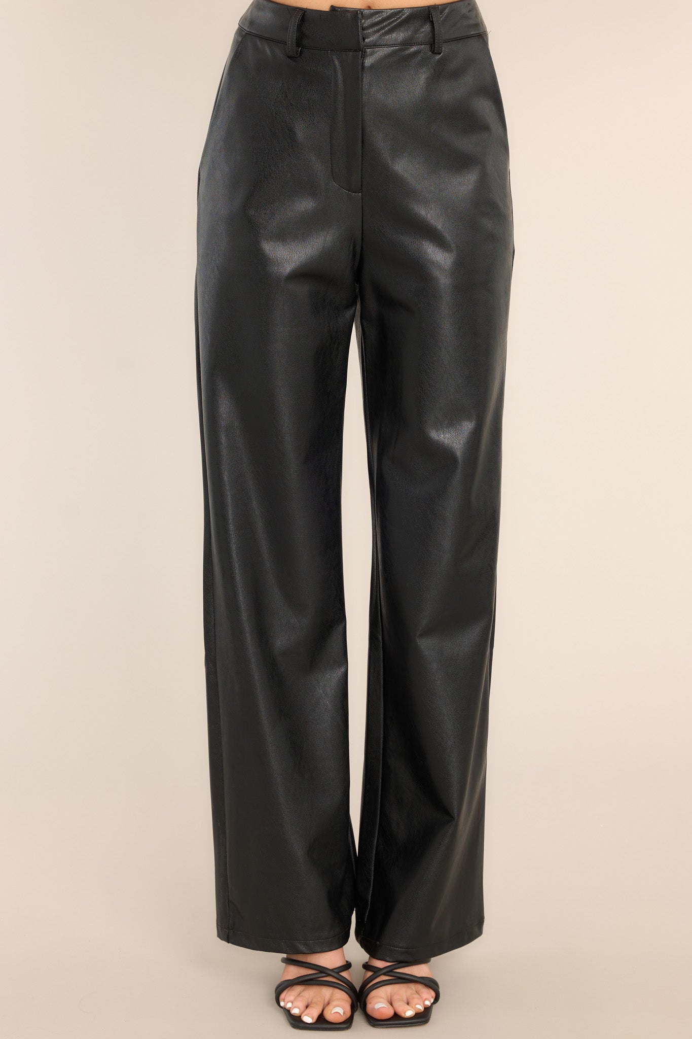 Front view of faux leather black pants featuring a high waistline, belt loops, a hook and eye closure, pockets, and a straight leg.