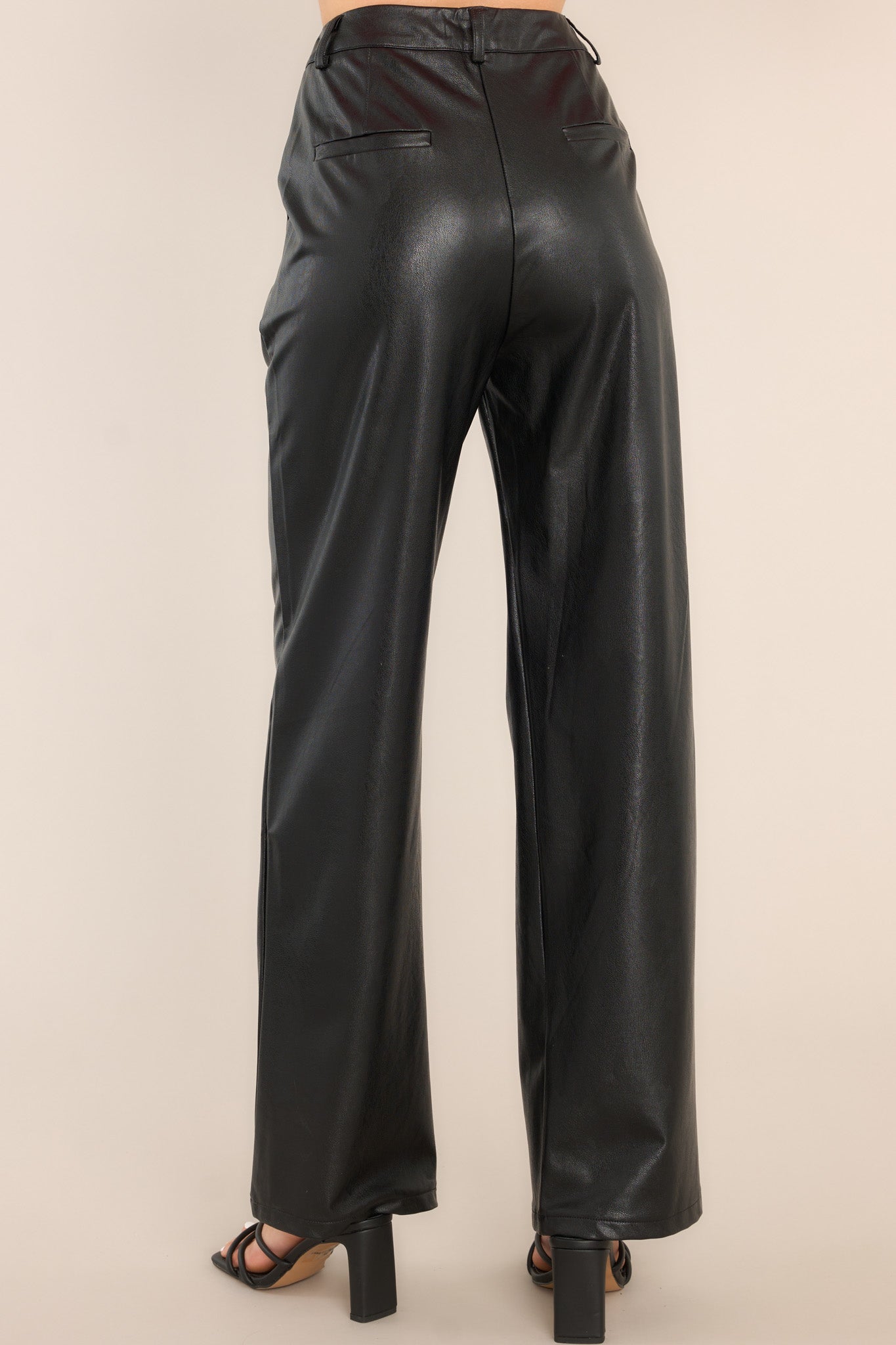 Back view of faux leather black pants featuring a high waistline, belt loops, a hook and eye closure, pockets, and a straight leg.