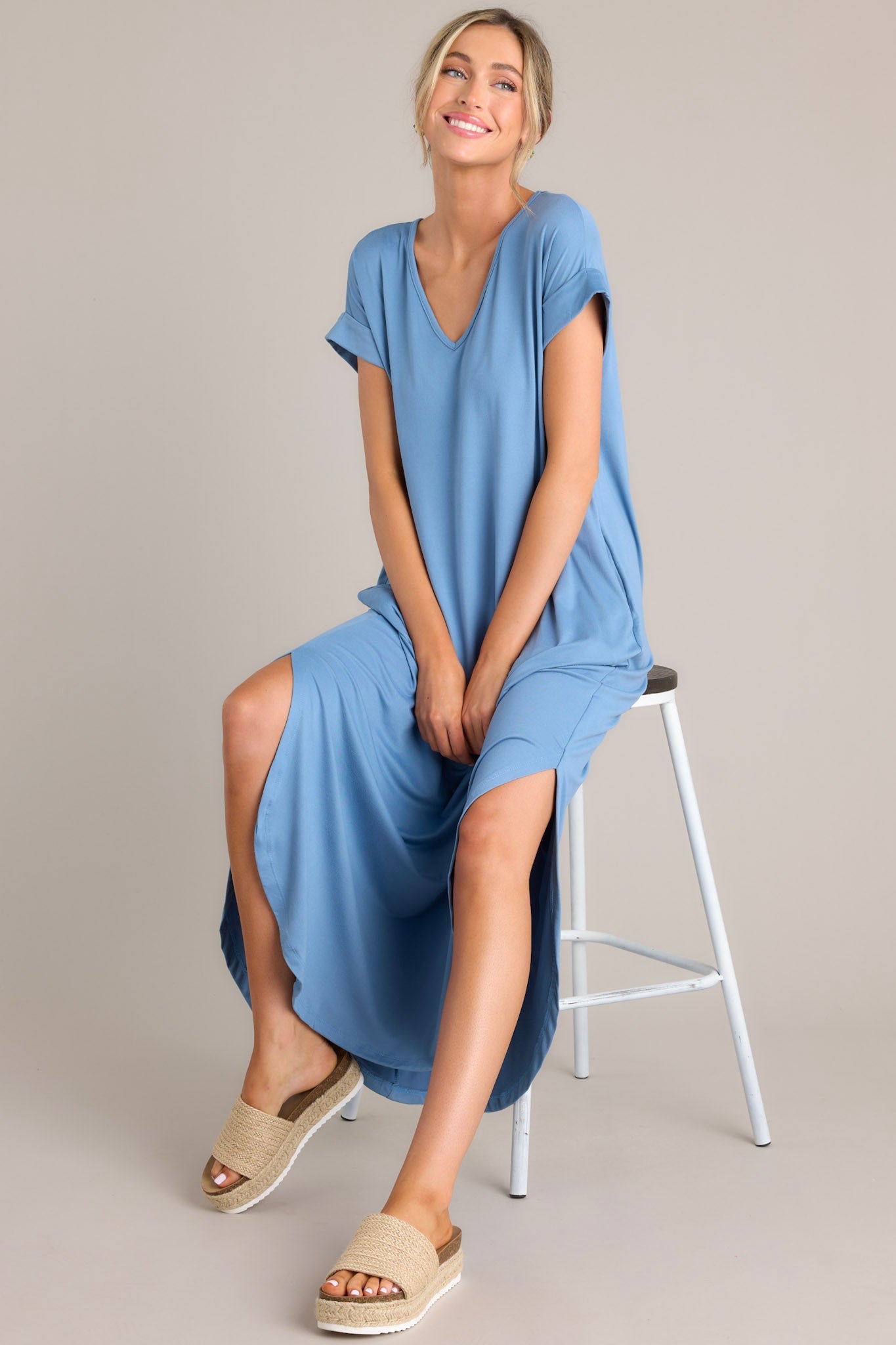 Slate blue maxi shops dress with sleeves