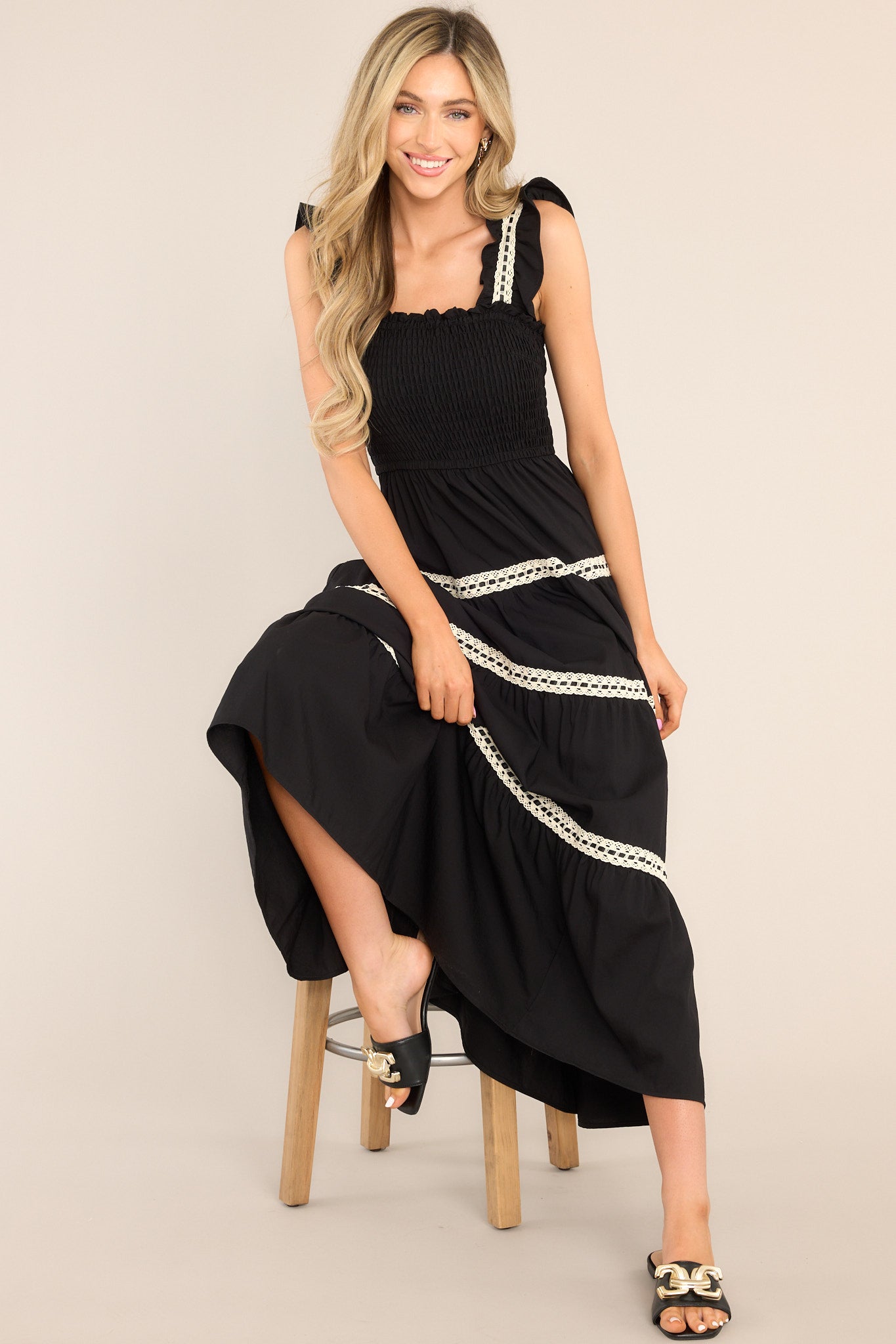 Always Timeless Black Lace Tiered Midi Dress - Red Dress