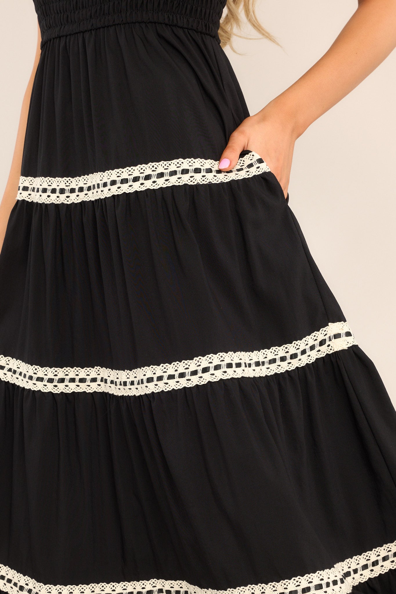 Always Timeless Black Lace Tiered Midi Dress - Red Dress