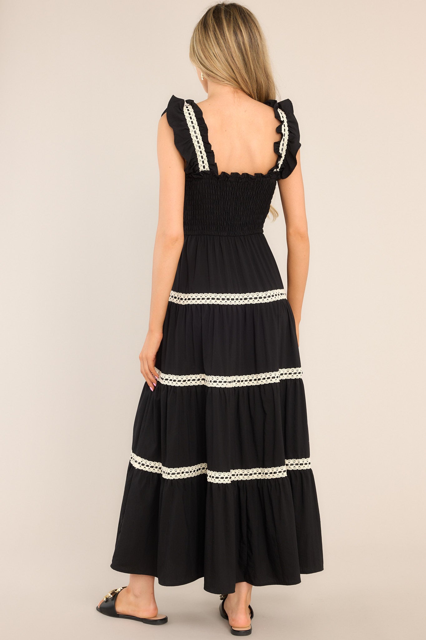 Always Timeless Black Lace Tiered Midi Dress - Red Dress