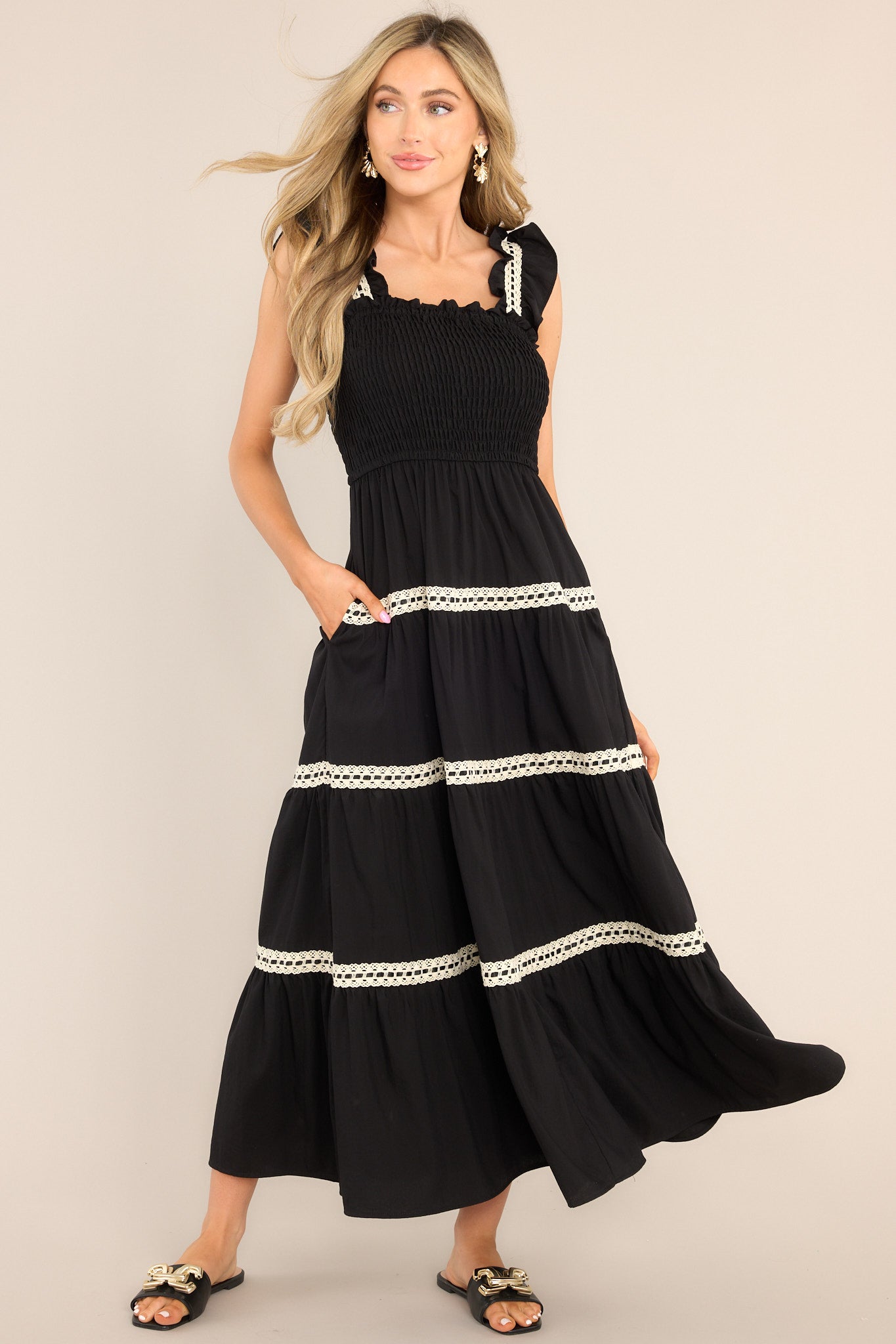 Always Timeless Black Lace Tiered Midi Dress - Red Dress